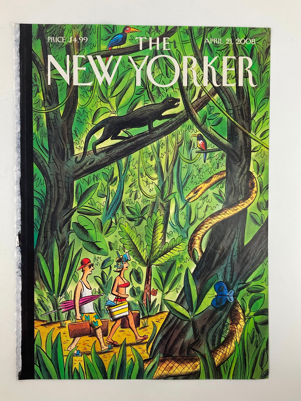Cover of The New Yorker from April 21, 2008, titled 'Tropical Vacation' by Jacques De Loustal, highlighting colorful artwork depicting a tropical landscape with characters exploring the environment.
