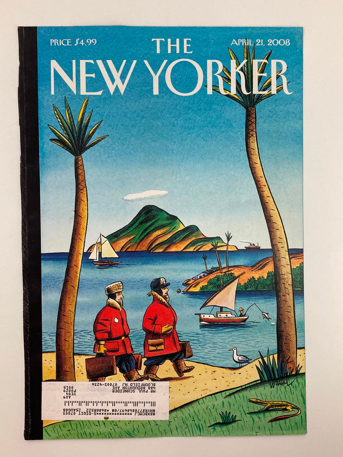 Cover of The New Yorker April 21, 2008 showcasing On The Move theme by Jacques de Losutal, illustrated scene of two men in red coats walking along a beach with palm trees and a sailboat in the background.