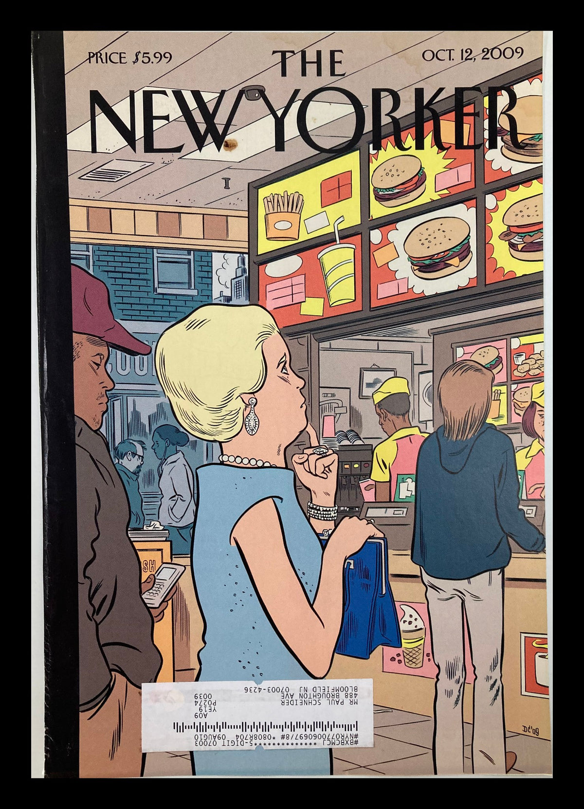COVER ONLY The New Yorker October 12 2009 The Food Chain by Dan Clowes featuring a woman contemplating food options at a fast-food restaurant, surrounded by diverse patrons.