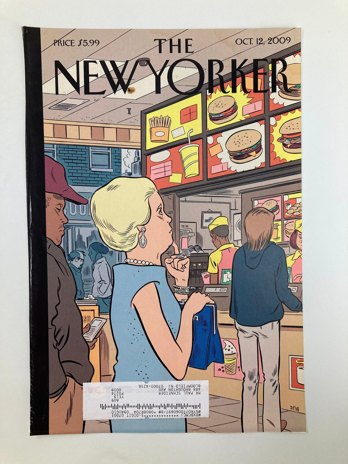COVER ONLY The New Yorker October 12 2009 The Food Chain by Dan Clowes depicting a scene inside a fast-food restaurant with a woman holding a blue bag, illustrating the relationship between food choices and consumer behavior.