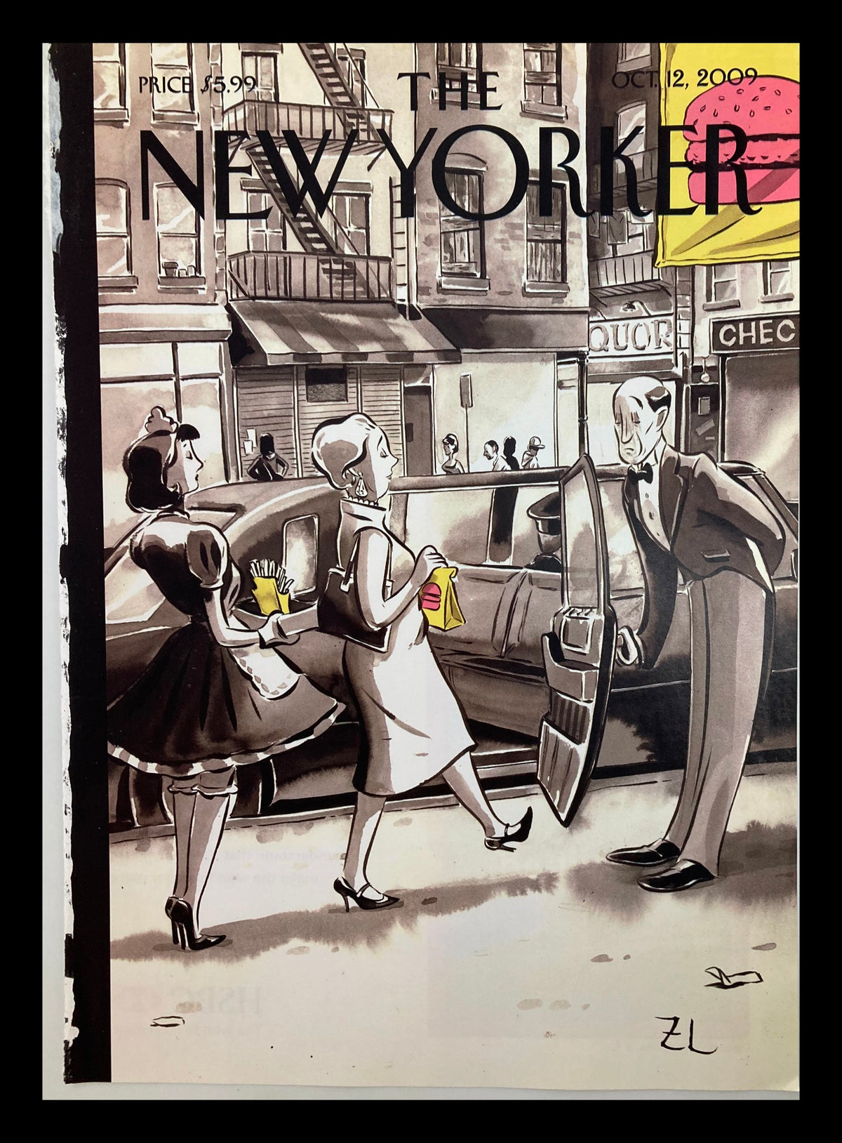 Cover of The New Yorker dated October 12, 2009, featuring 'The Food Chain' artwork by Zohar Lazar, depicting a bustling street scene with elegantly dressed women and a man in a suit.