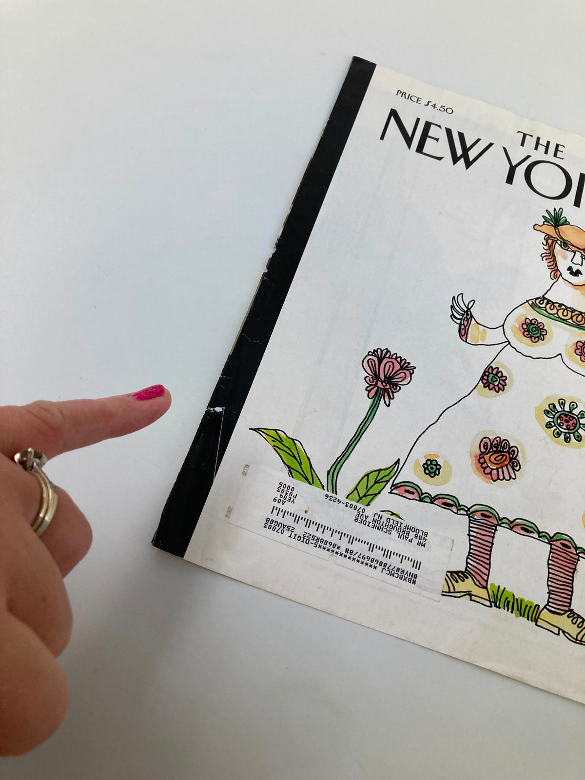 The New Yorker April 28 2008 Vernal Bliss by William Steig showing the cover with a finger pointing at it, highlighting details.
