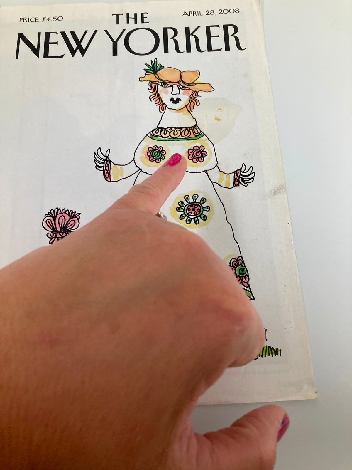 The New Yorker April 28 2008 Vernal Bliss by William Steig featuring the cover art with a finger pointing at the whimsical illustration.