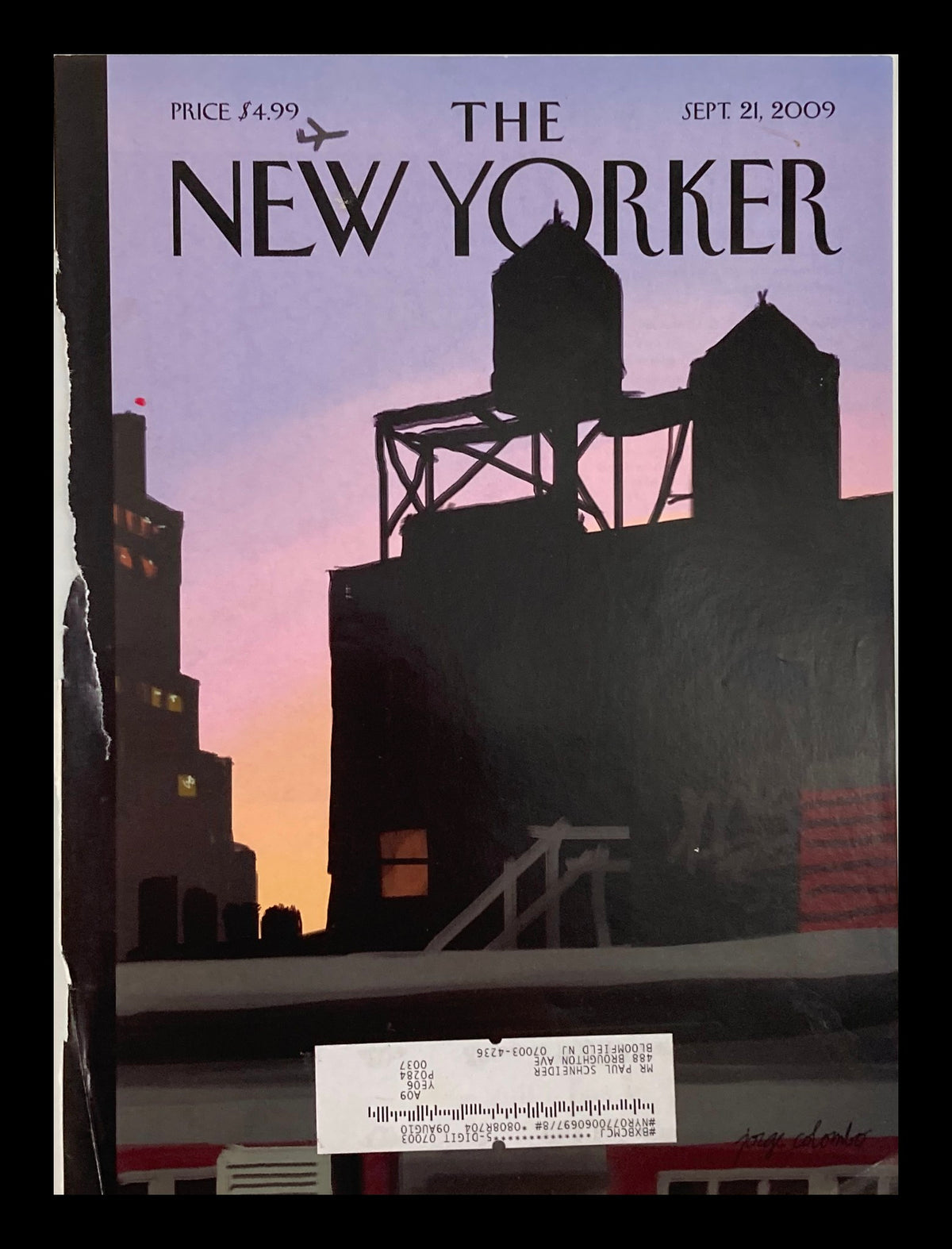 Cover of The New Yorker September 21, 2009 featuring finger painting titled 'New Day' by J. Colombo, showcasing a silhouette of water towers against a twilight sky.