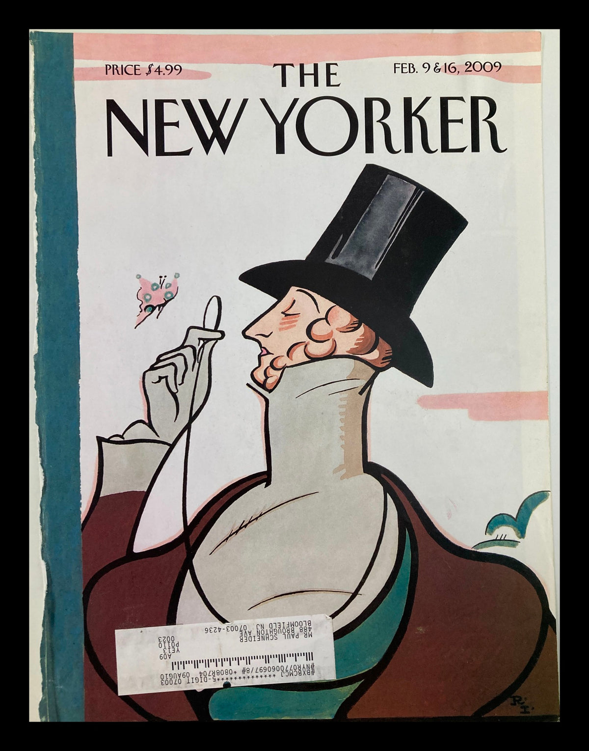 The New Yorker cover from February 9 & 16, 2009 featuring Eustace Tilley illustration by Rea Irvin, with a whimsical design and vintage appeal.
