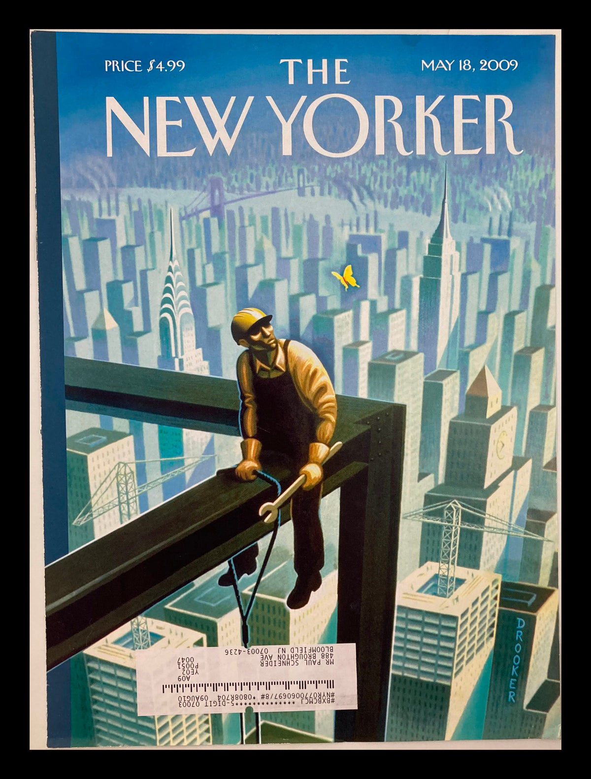 Cover of The New Yorker magazine from May 18, 2009, titled 'Coming Up For Air' by Eric Drooker, featuring an artistic representation of a construction worker on a high beam with a city skyline in the background.