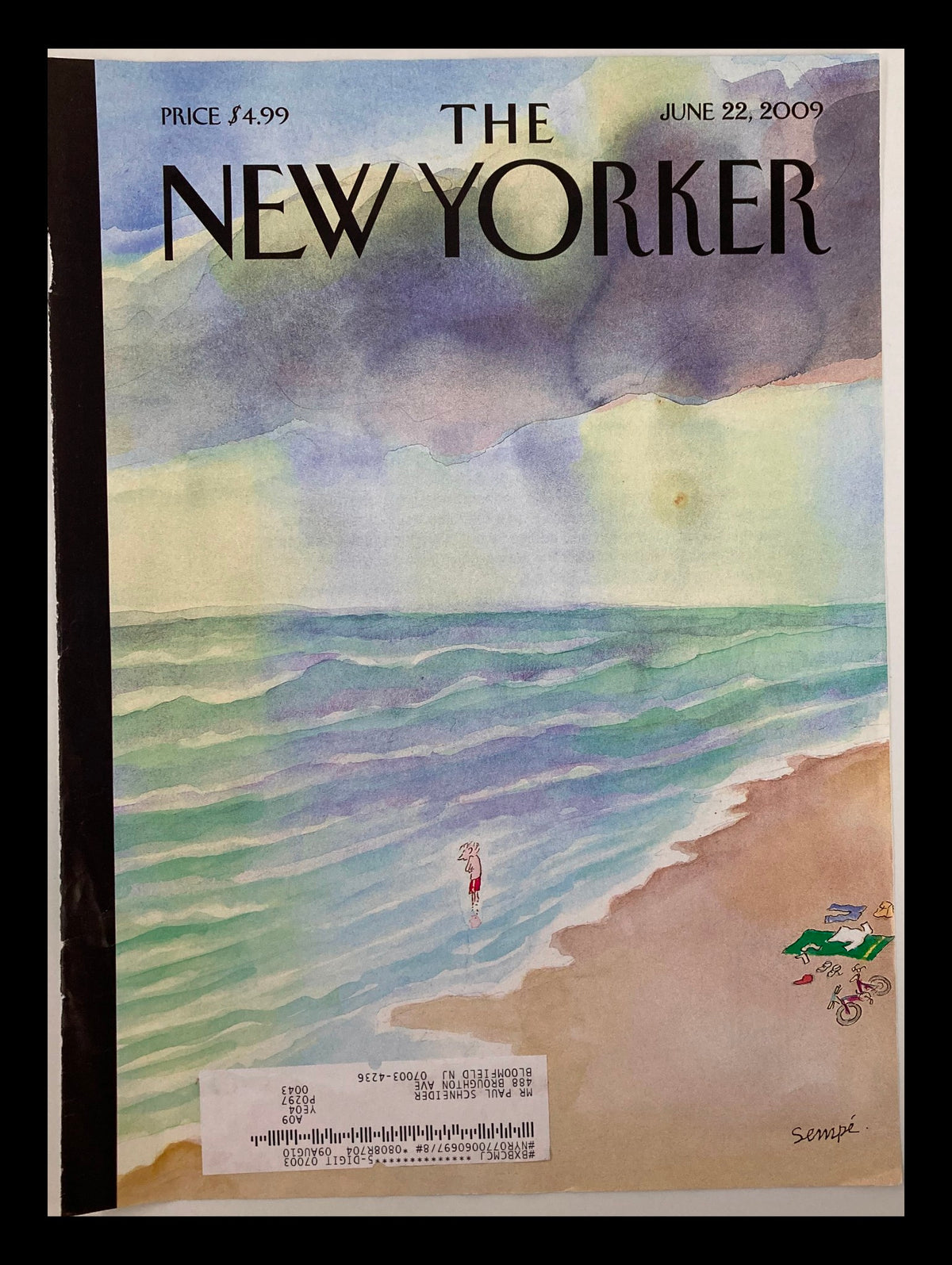 The New Yorker June 22 2009 cover featuring artwork by Jean-Jacques Sempé, depicting a serene beach scene with ocean waves and a figure walking along the shore.