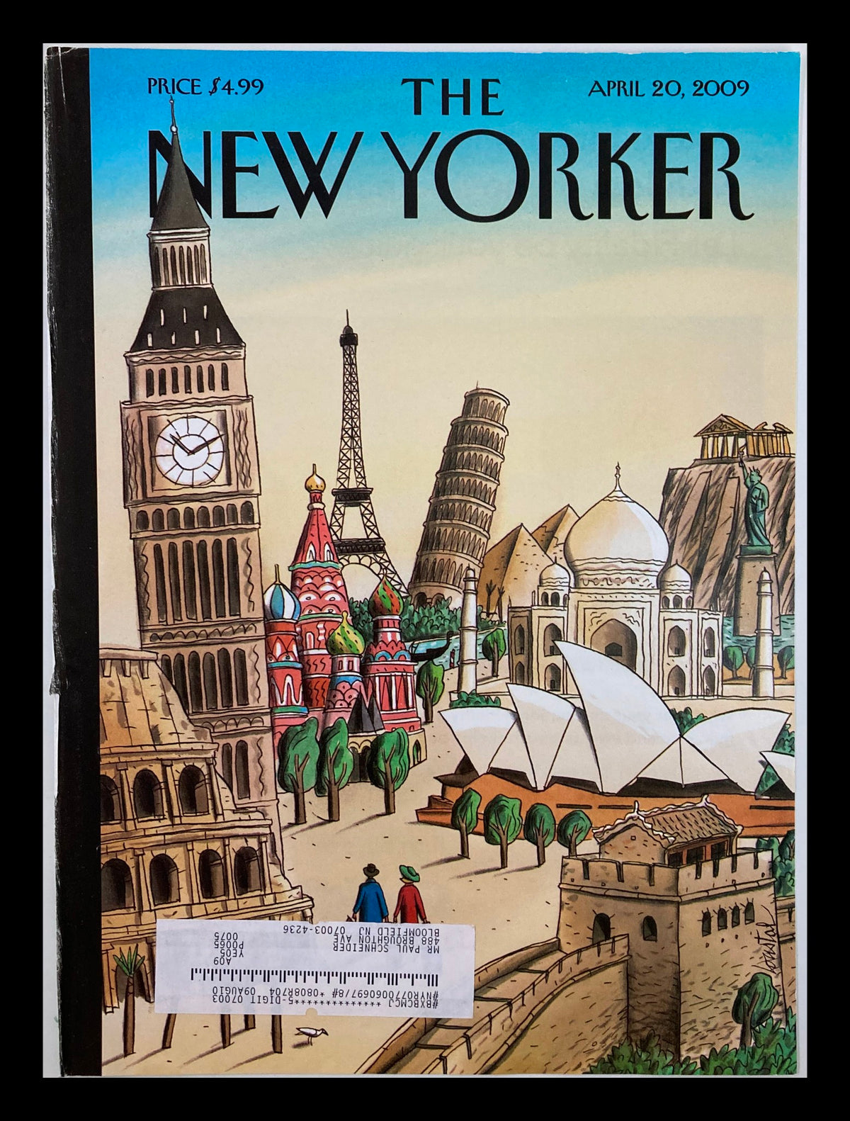 COVER ONLY The New Yorker April 20 2009, featuring vibrant illustration 'Wonders of the World' by J. de Loustal, showcasing famous landmarks from around the globe.