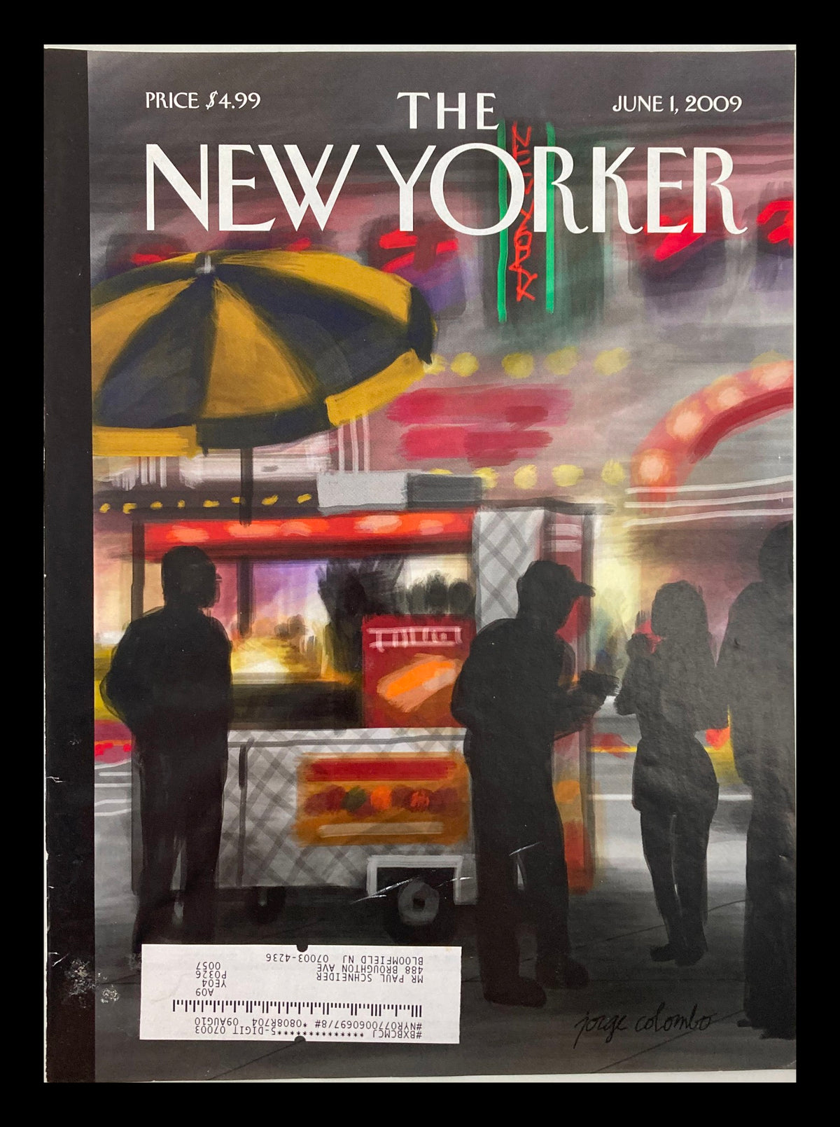 The New Yorker June 1, 2009 cover featuring a stunning finger painting by Jorge Colombo, depicting a vibrant street scene with figures and a food cart.