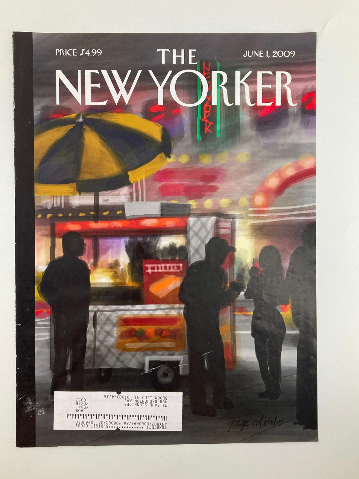 Cover of The New Yorker June 1, 2009, featuring a finger painting by Jorge Colombo depicting a vibrant city scene with a food cart, showcasing Colombo's unique digital art style.