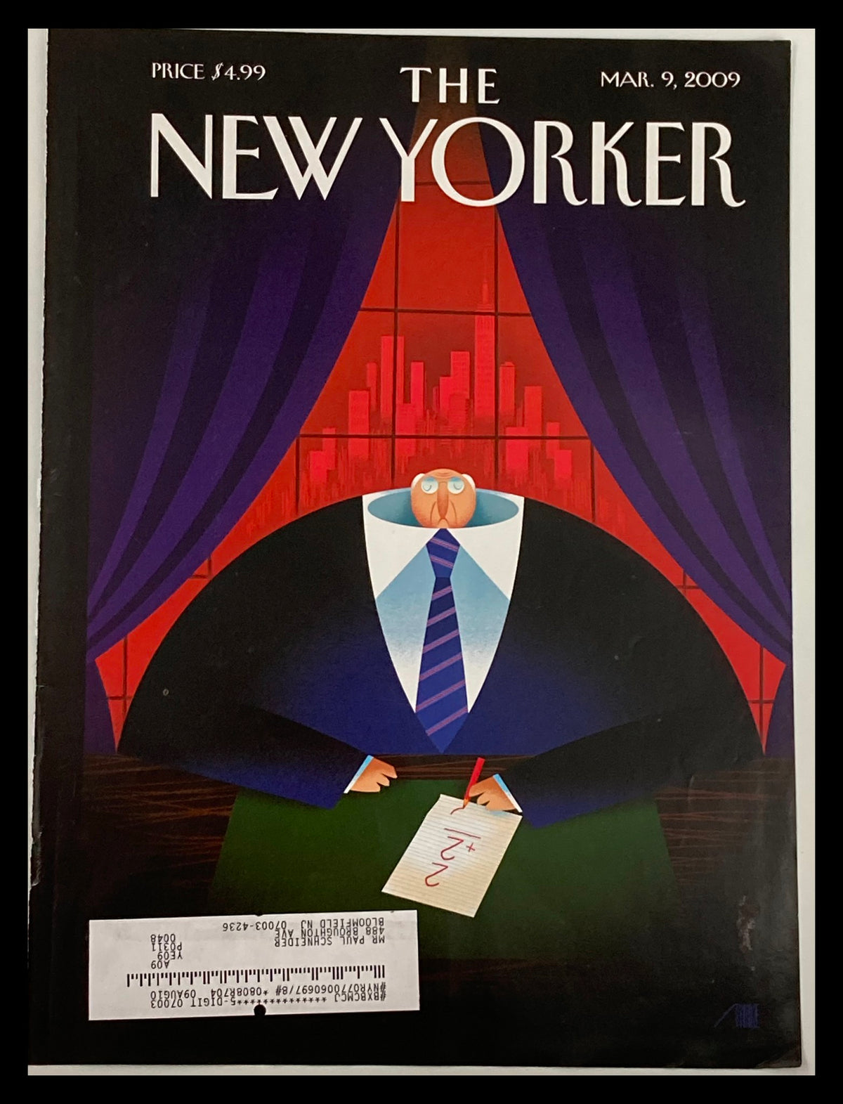 The New Yorker cover from March 9, 2009, titled 'Downsized' featuring a stylized illustrated character in a suit, seated at a desk with a notepad, surrounded by a dramatic curtain backdrop.
