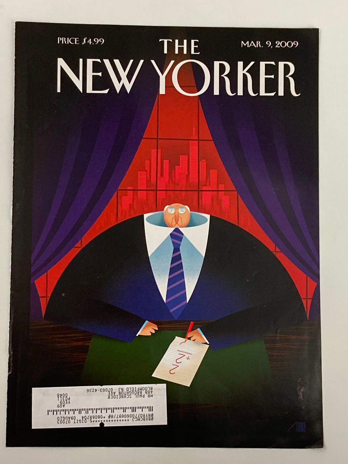 Close-up view of The New Yorker cover dated March 9, 2009, titled 'Downsized', showcasing a bold artistic design with a character in formal attire at a desk, highlighting intricate color work and details.