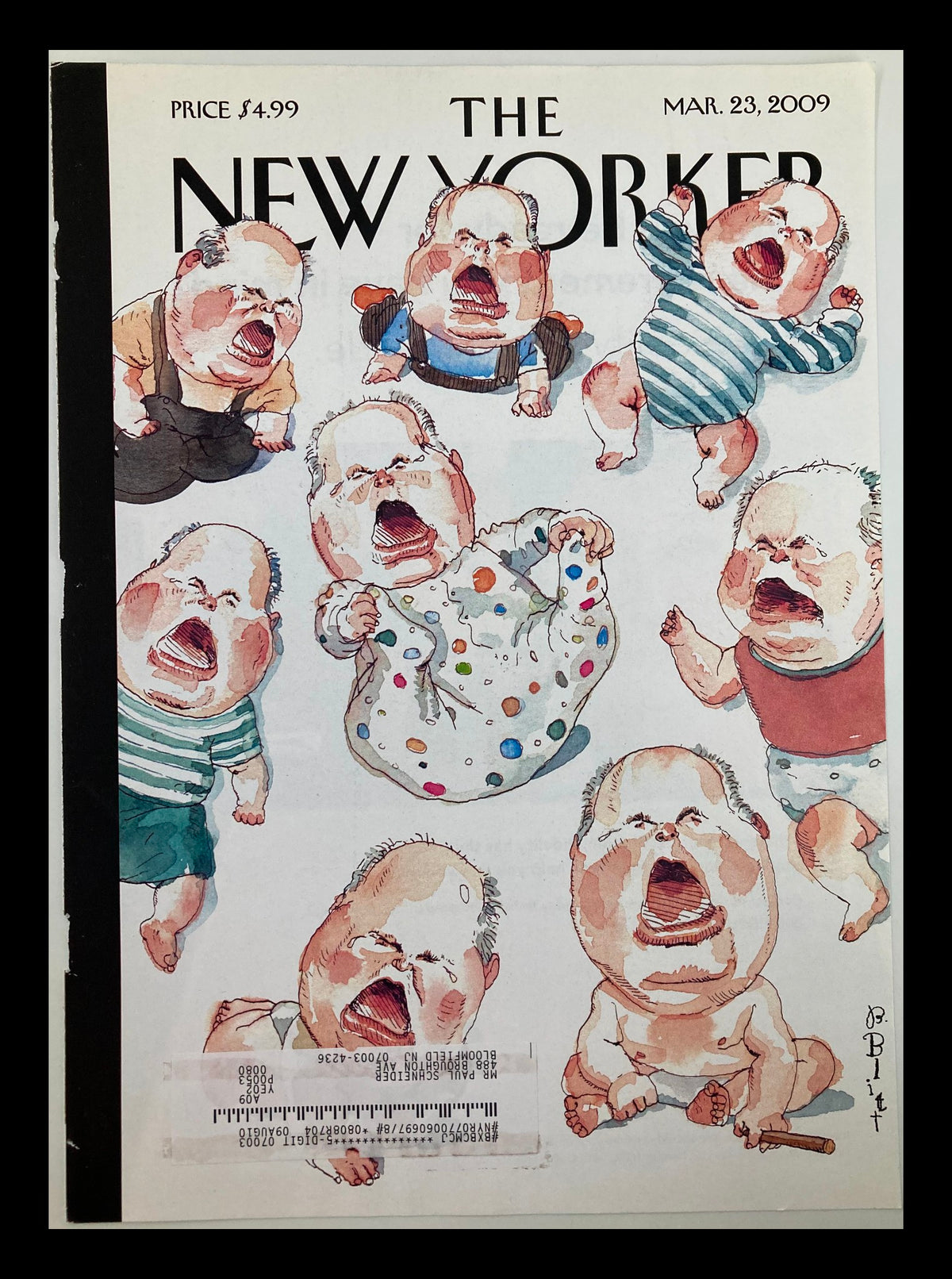 Cover of The New Yorker March 23 2009 titled 'OctoRush' by Barry Blitt featuring whimsical illustrations of shouting babies in various outfits.