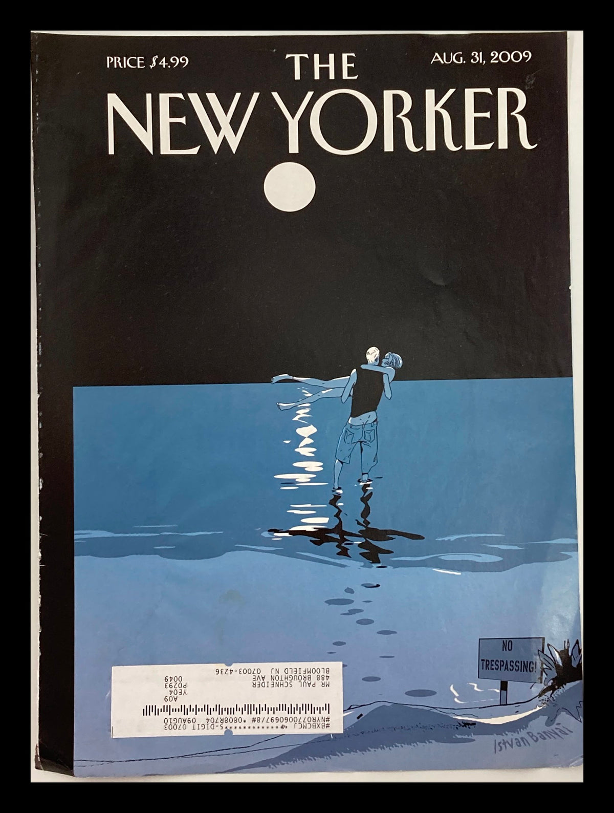 COVER ONLY The New Yorker August 31 2009 featuring 'No Trespassing' by Istvan Banyai, showcasing a serene illustration with a figure standing in water under a moonlit sky.