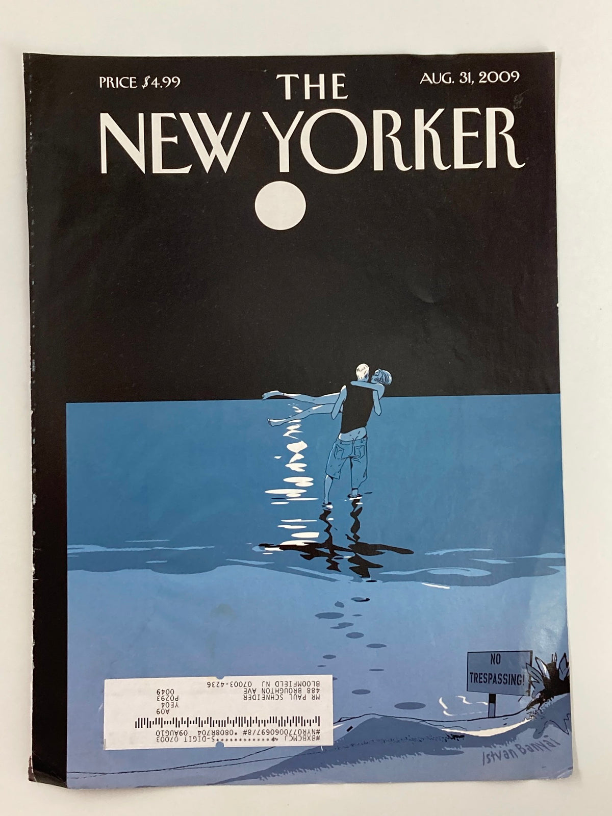 COVER ONLY The New Yorker August 31 2009 depicting 'No Trespassing' by Istvan Banyai, highlighting an artistic scene of a person wading in water with a calm moon above.