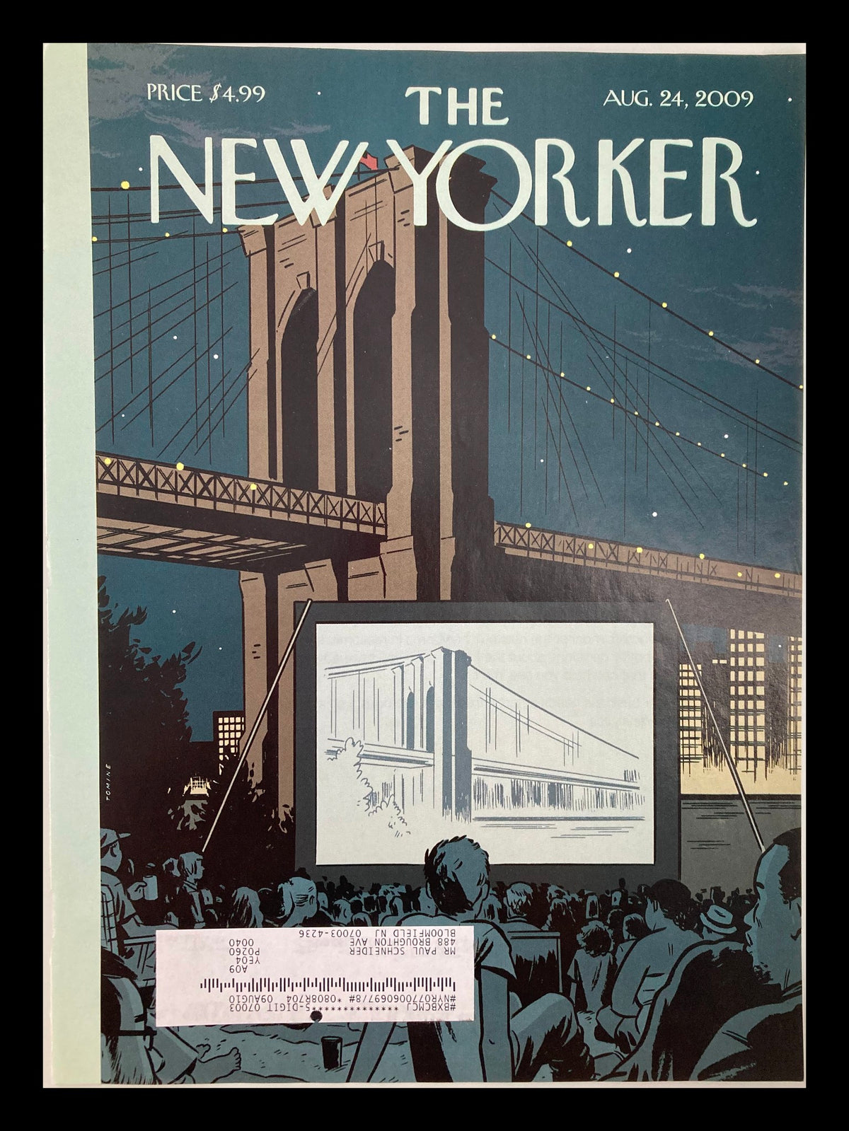 Cover only of The New Yorker, August 24, 2009, featuring a double feature by Adrian Tomine, showcasing a vibrant urban scene with the Brooklyn Bridge, perfect for art lovers and collectors.