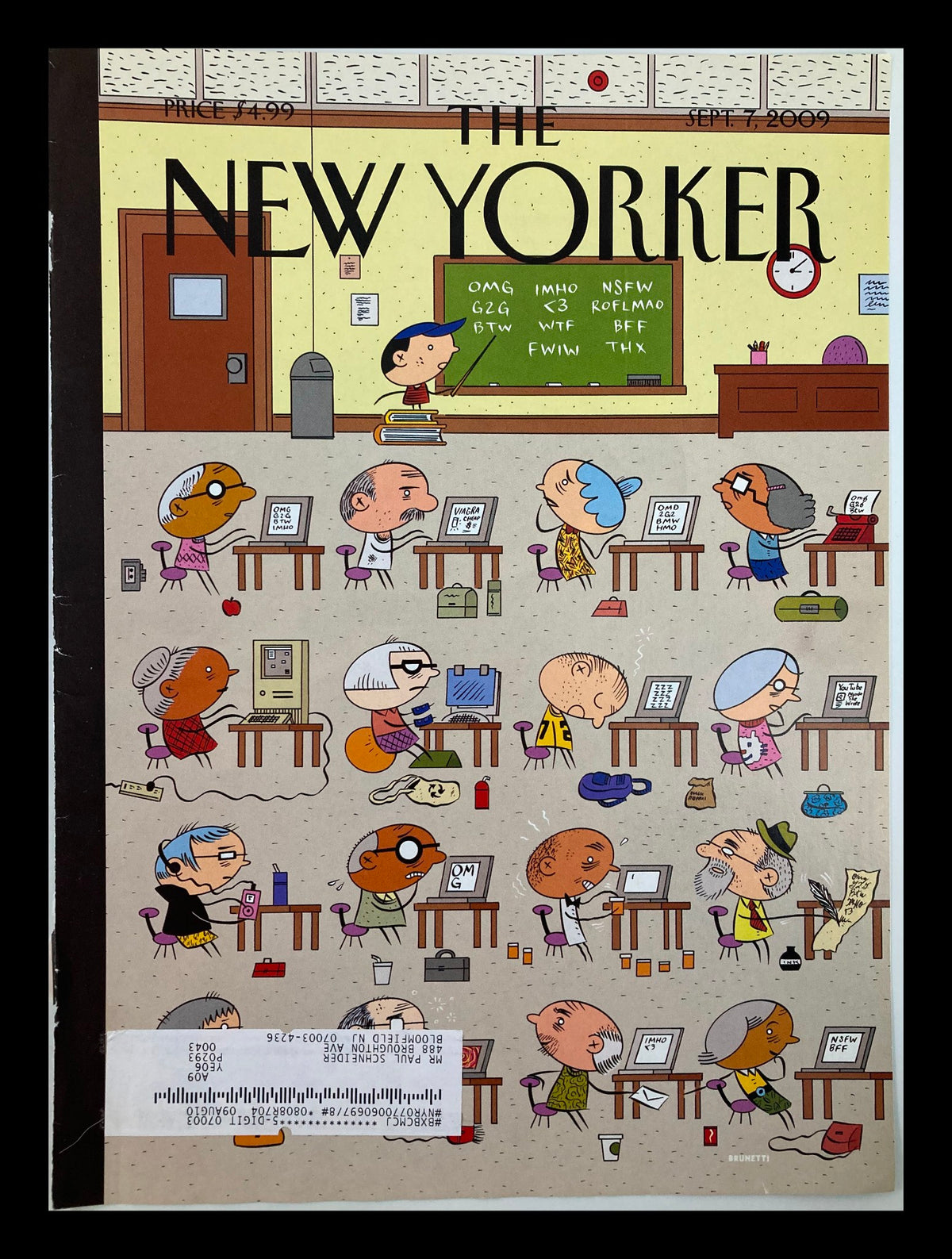The New Yorker Cover September 7 2009 - Required Texts by Ivan Brunetti, featuring a colorful classroom scene with students and teachers.