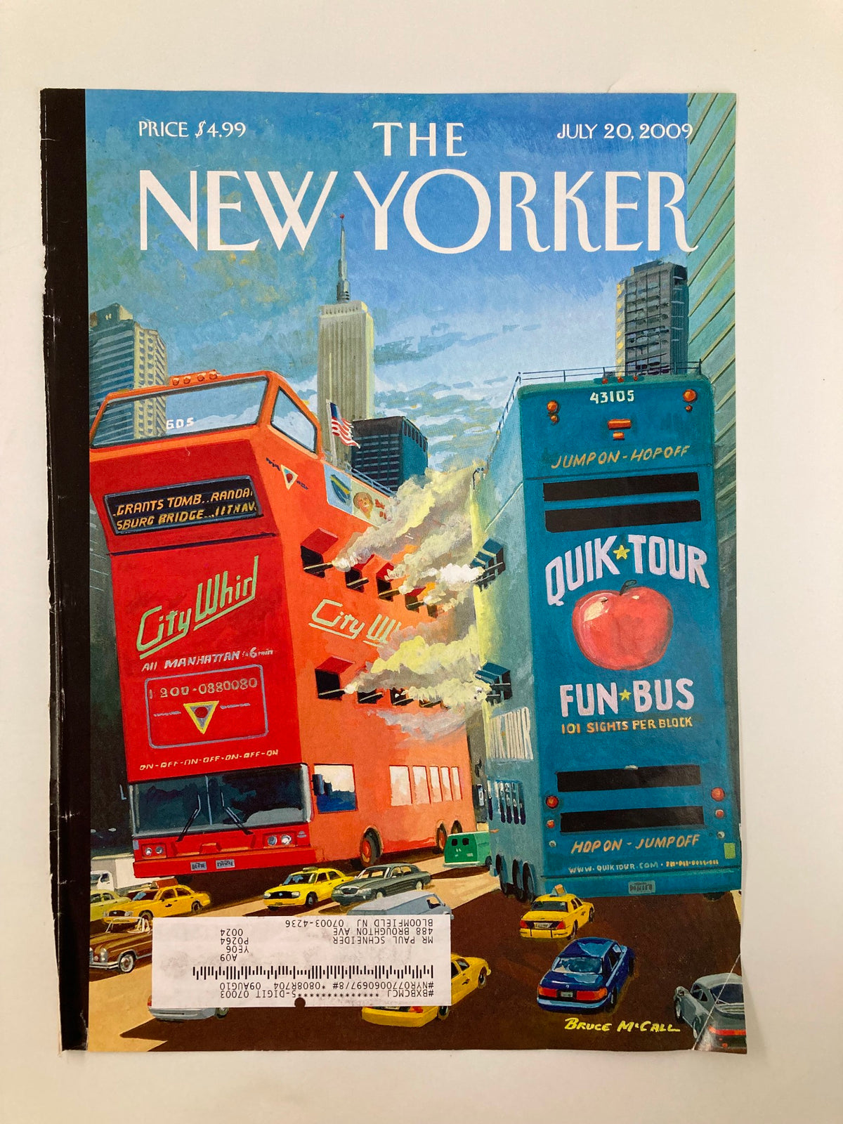 Close-up view of The New Yorker July 20 2009 Tour Wars Cover highlighting bright colors and detailing of the city buses by Bruce McCall.
