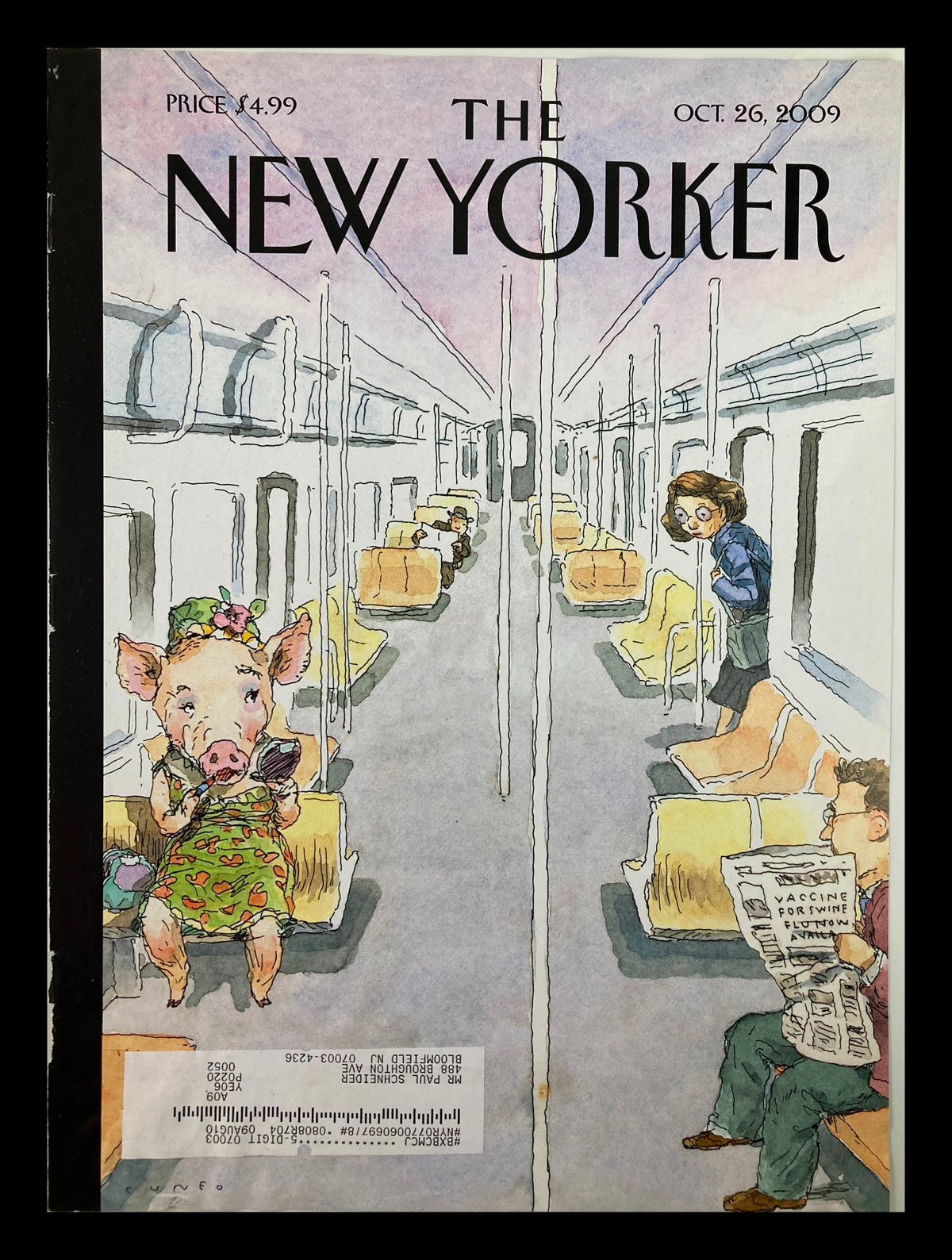 Cover of The New Yorker, October 26, 2009, titled 'Flu Season' by John Cuneo, featuring an illustration of a pig in a floral dress sitting on a subway seat while a woman reads a newspaper in the background.
