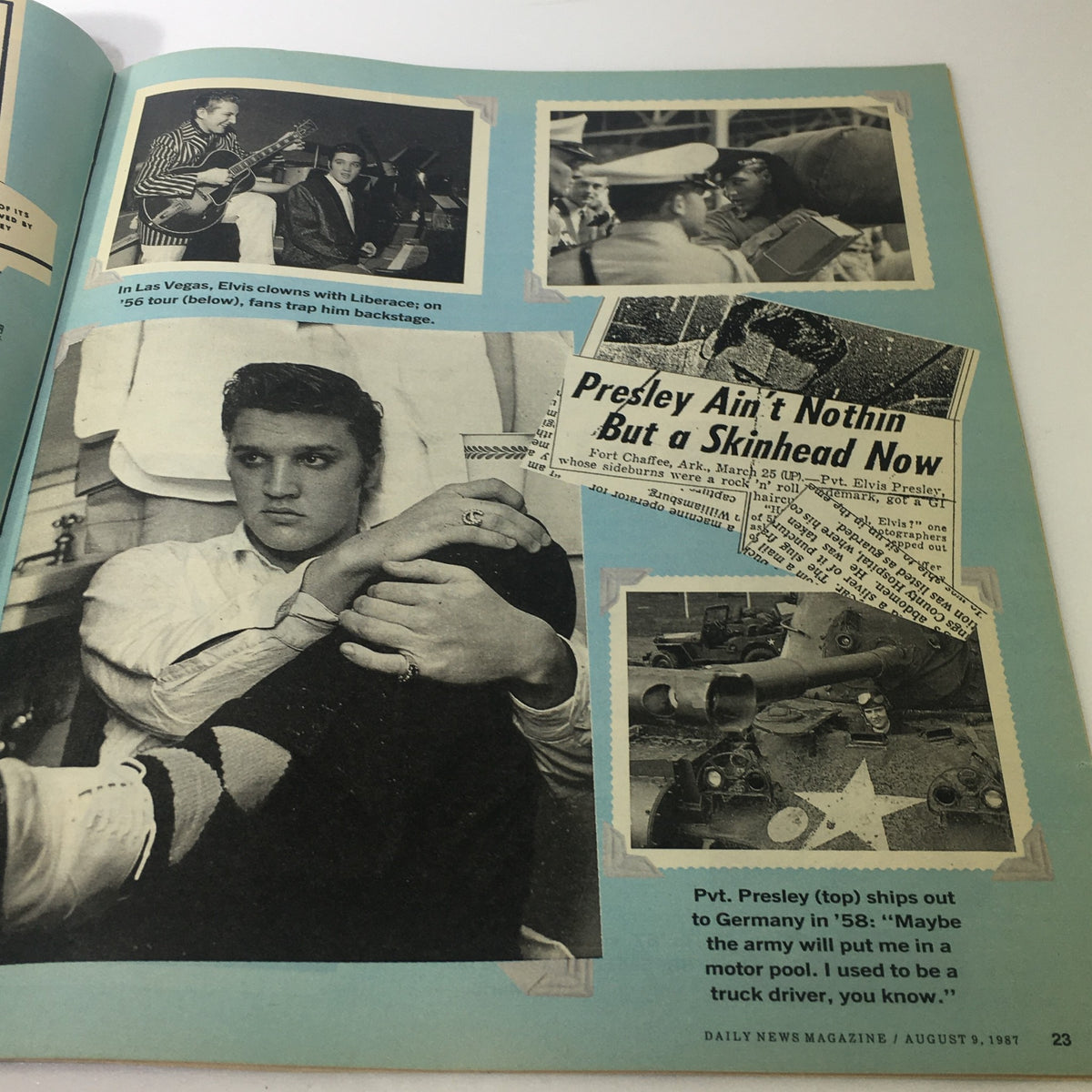 Inside page of the Daily News Magazine, August 9, 1987, featuring archival photos of Elvis Presley, highlighting moments from his early career and celebrity life.