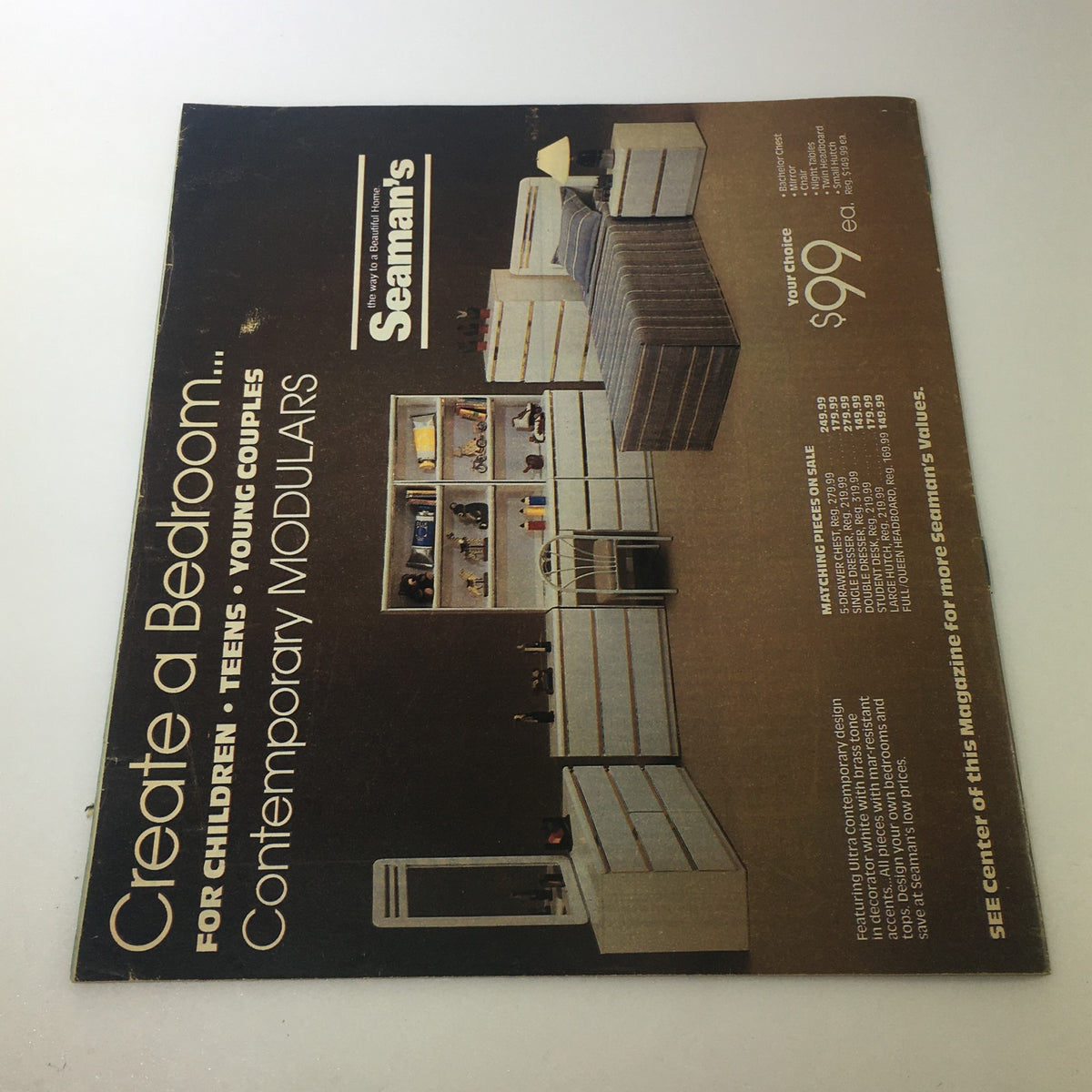 Back cover of the Daily News Magazine from August 9, 1987, illustrating a furniture advertisement by Seaman's, blending vintage aesthetics with the publication's charm.