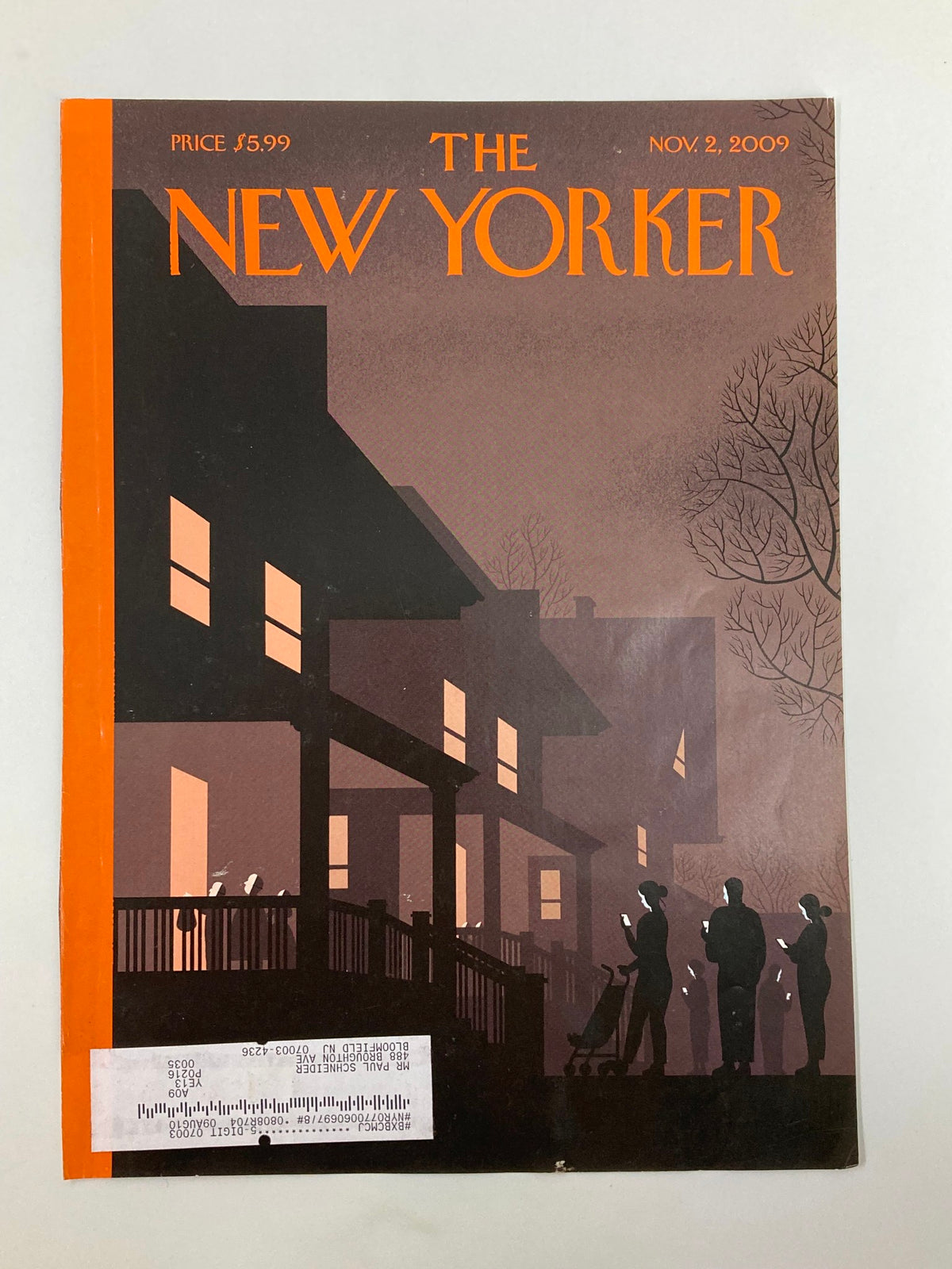 The New Yorker cover dated November 2, 2009, titled 'Unmasked' by Chris Ware, showcasing a stylized illustration of houses and figures, reflecting cultural themes.