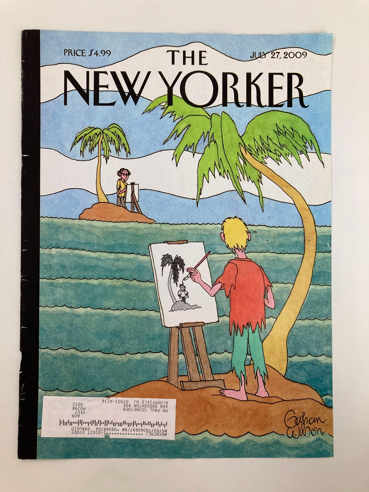 Cover of The New Yorker magazine from July 27, 2009, featuring the whimsical artwork 'Cartoon Island' by Gahan Wilson, depicting a colorful scene with palm trees and an artist painting on an island.