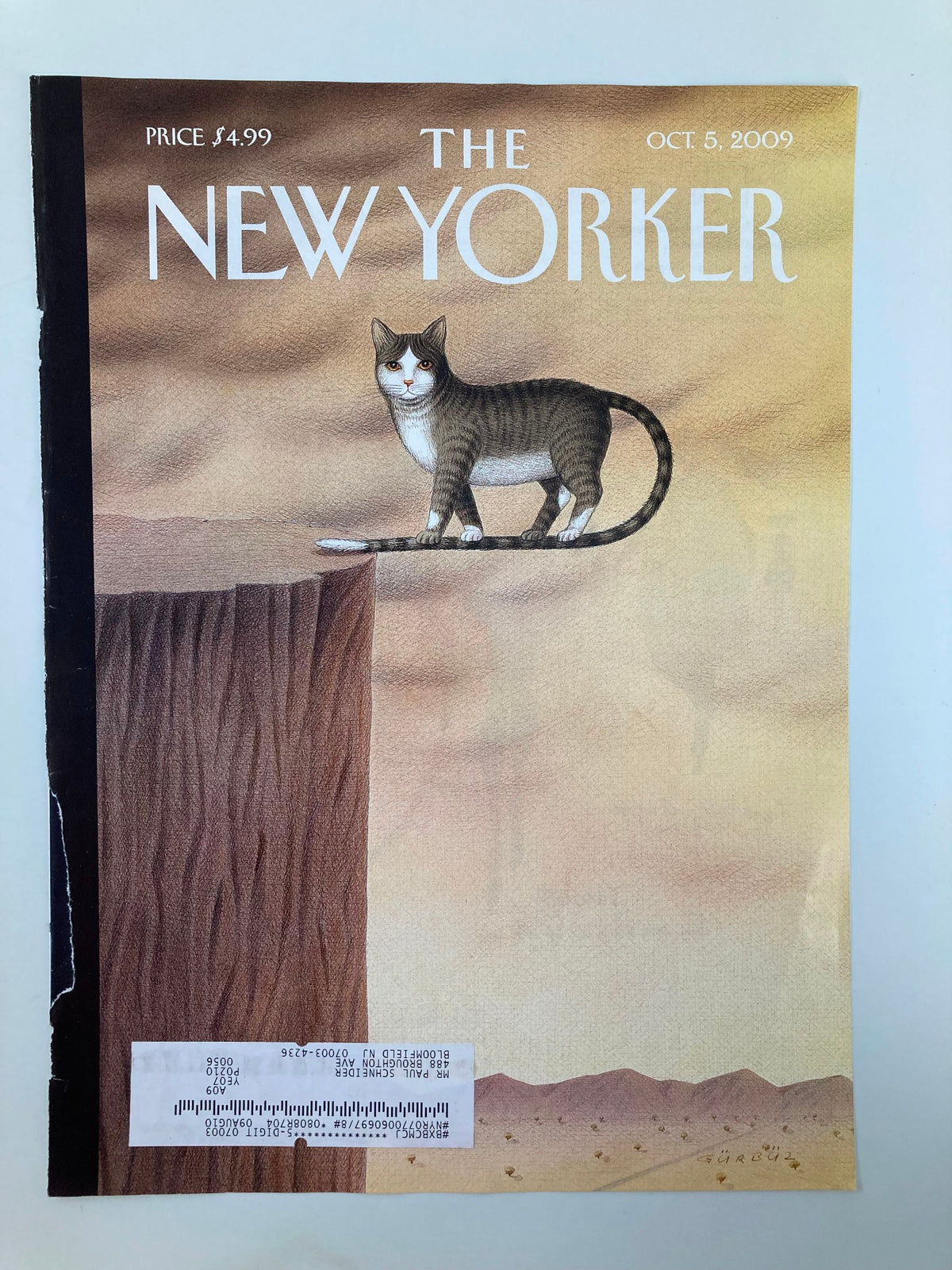 Cover of The New Yorker, October 5, 2009, titled 'On The Edge' showcasing a cat balancing on the edge of a cliff, created by artist Gurbuz Dogan Eksioglu.