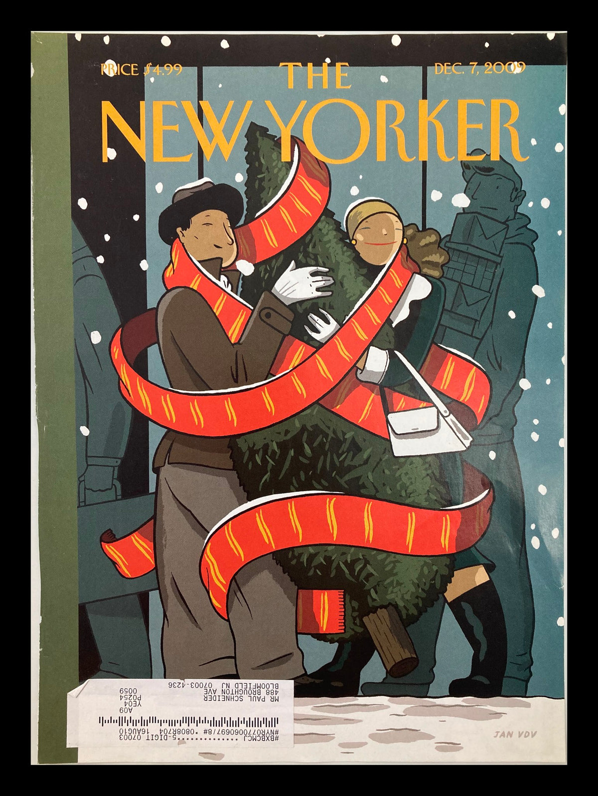 Cover of The New Yorker December 7 2009 featuring a whimsical illustration by Jan Van Der Veken, depicting two figures cheerfully embracing a Christmas tree adorned with red scarves in a snowy setting.