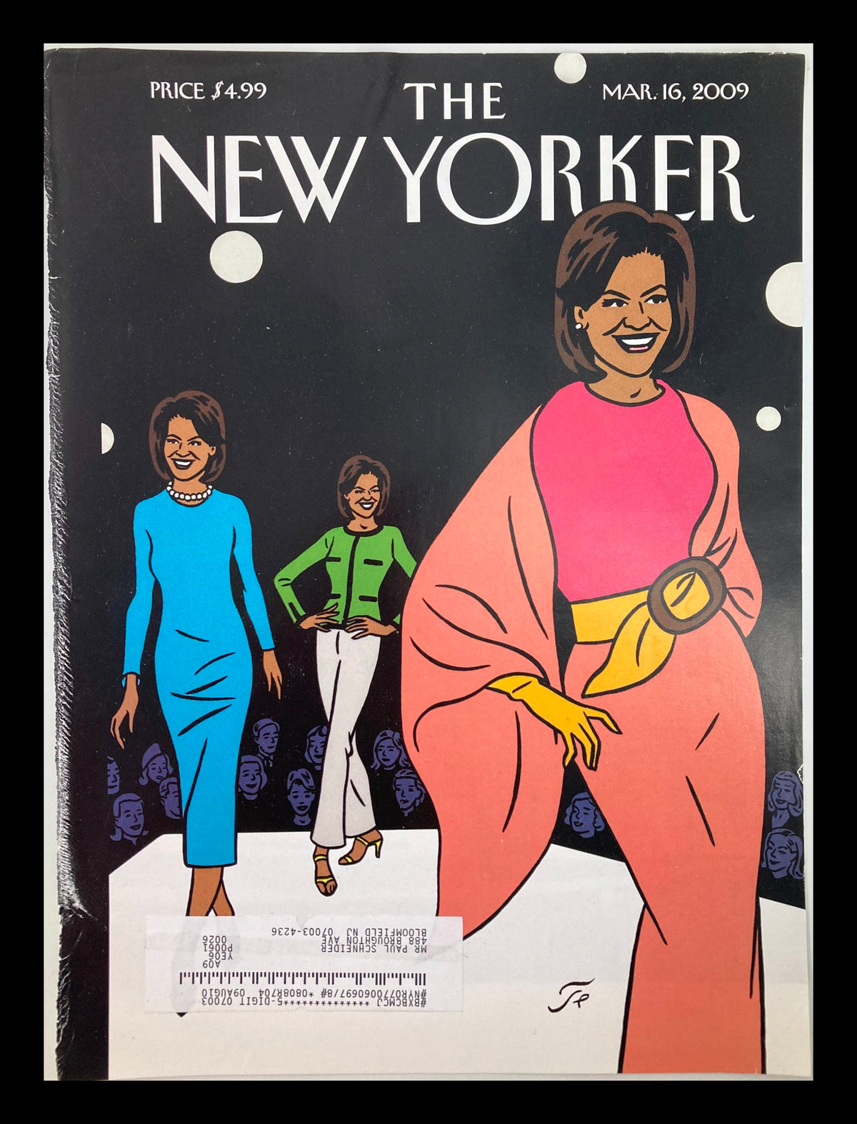 Cover of The New Yorker magazine from March 16, 2009 featuring Michelle Obama illustrated by Jean-Claude Floc'h, showcasing three stylish depictions of Michelle Obama in vibrant colors.