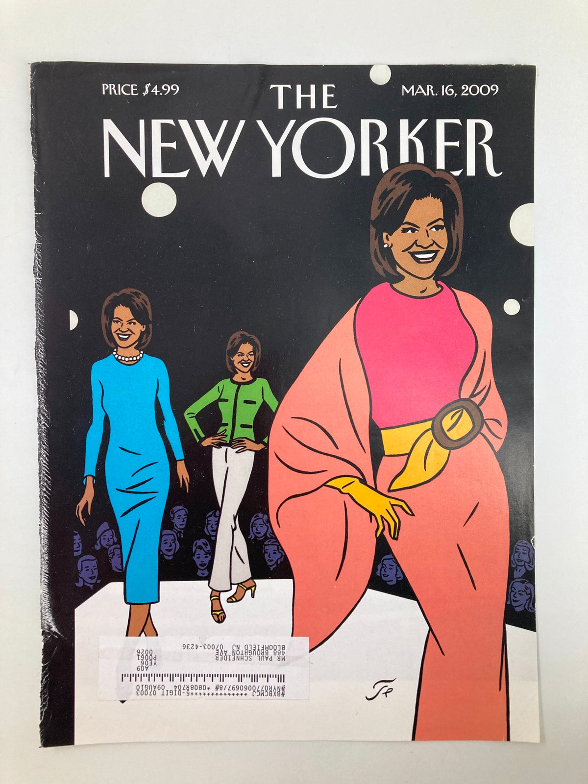 Cover Only of The New Yorker March 16 2009 featuring a colorful illustration of Michelle Obama in various outfits by Jean-Claude Floc'h, showcasing artistic style and cultural significance.