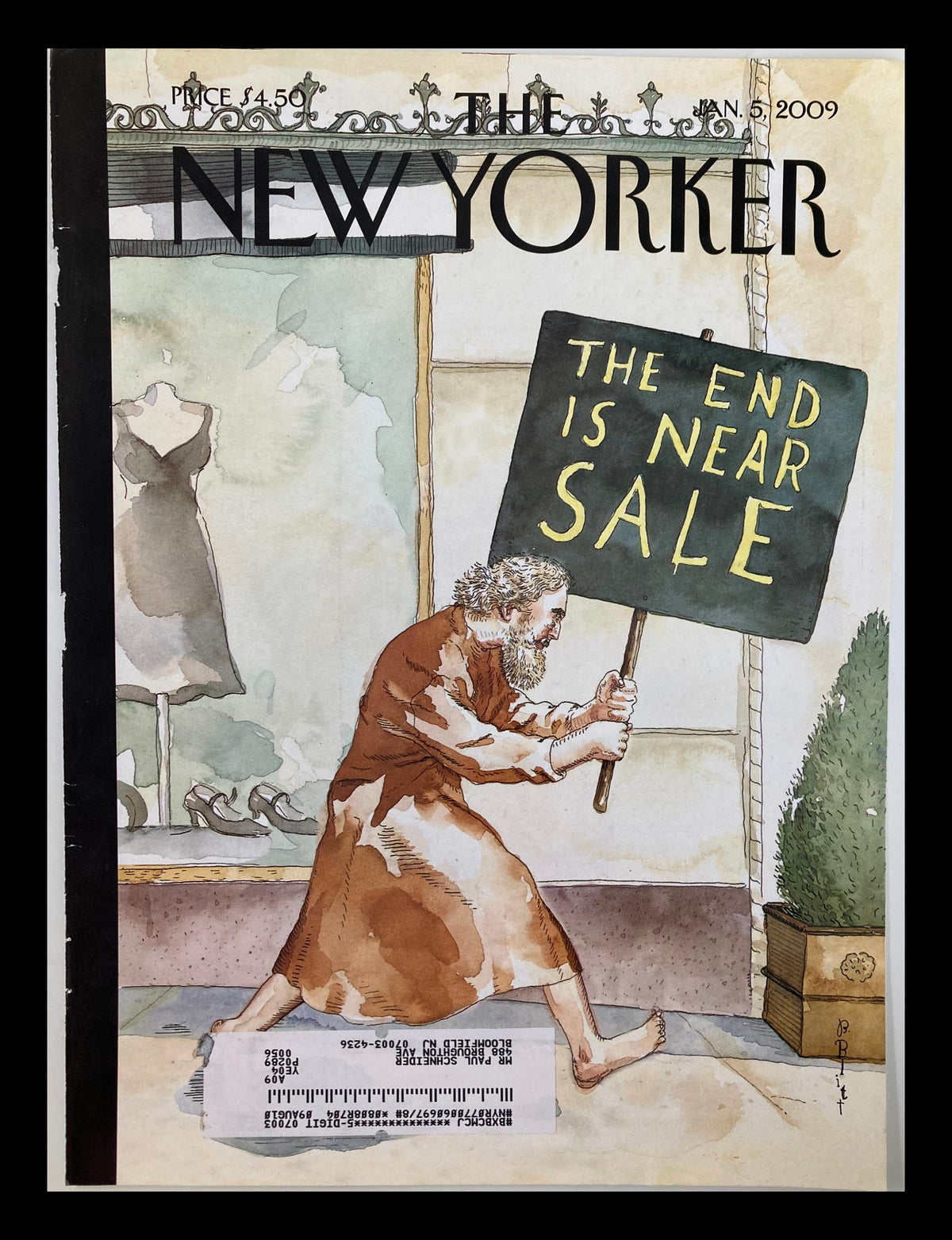 COVER ONLY The New Yorker January 5 2009 Everything Must Go by Barry Blitt, featuring a whimsical illustration of a man holding a sign that reads 'THE END IS NEAR SALE' in front of a shop window.
