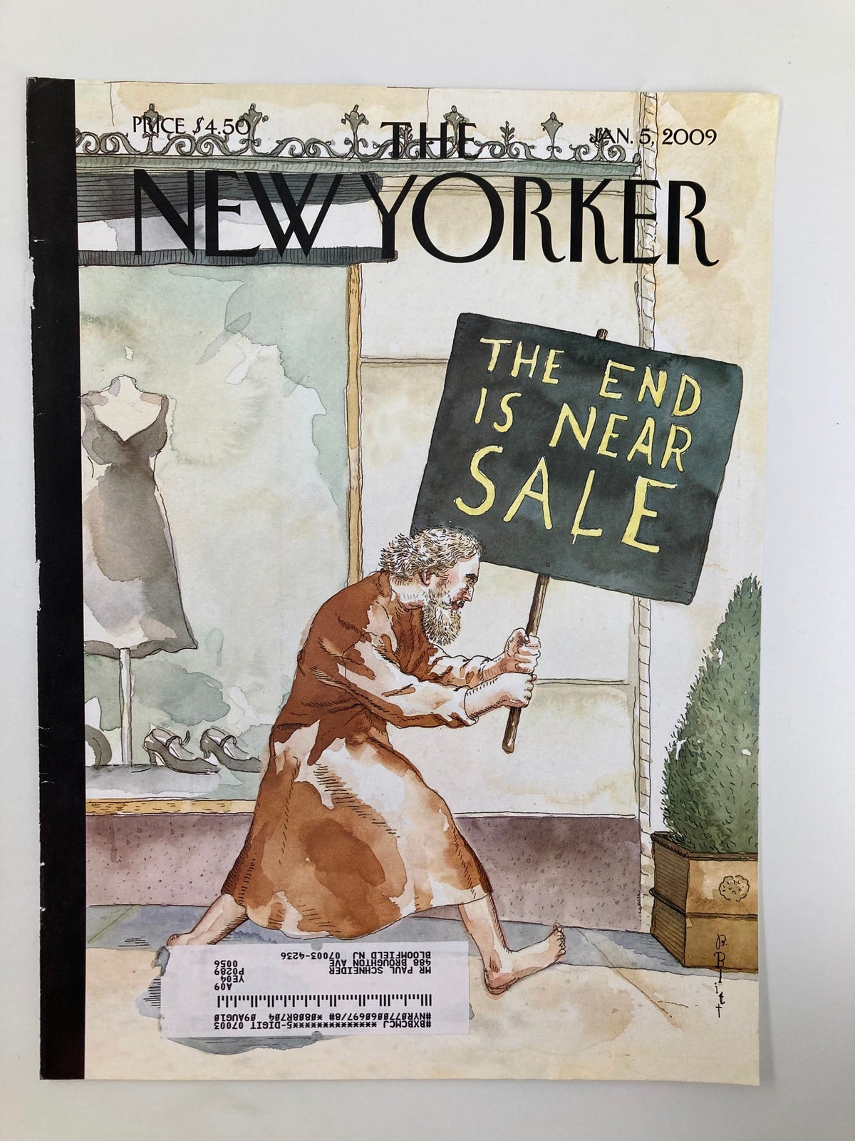 COVER ONLY The New Yorker January 5 2009 Everything Must Go by Barry Blitt, showcasing a humorous depiction of a man with a sign saying 'THE END IS NEAR SALE' against a backdrop of a store display.
