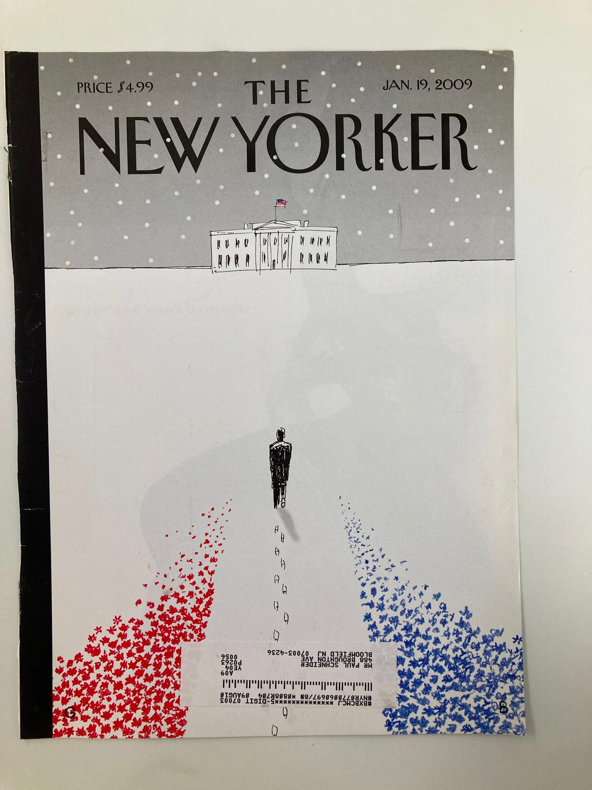 The New Yorker cover from January 19, 2009, featuring the illustration 'To the White House' by Guy Billout, depicting a figure walking towards the White House in a snowy setting with vibrant red and blue paths.