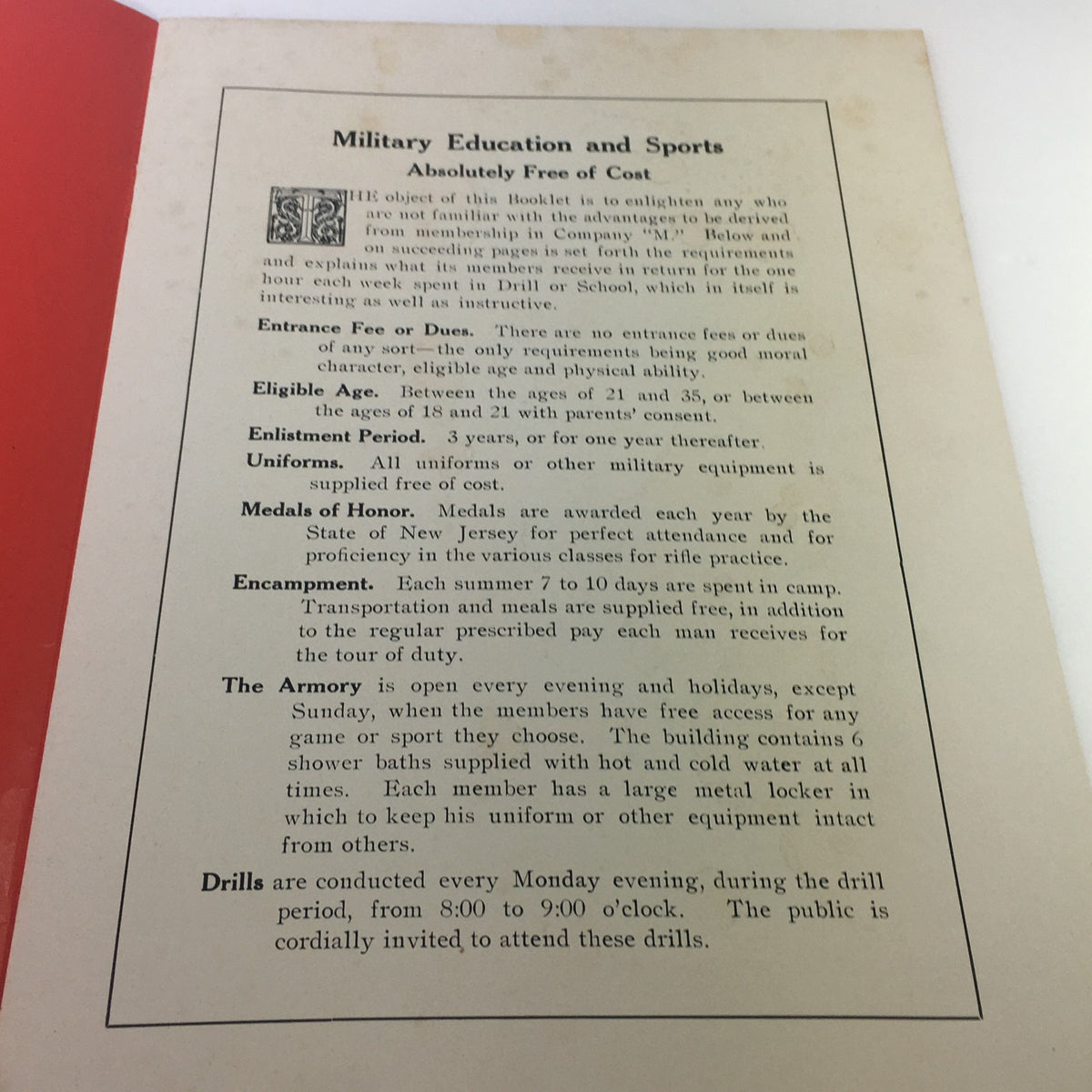 Inside page of the VTG January 21 1910 Military Education and Sports Armory of Company "M" document, showcasing details on military drills, enrollment, and honors. This vintage collectible exemplifies early 20th-century military practices.