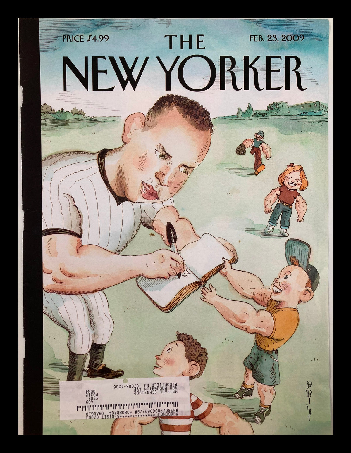 The New Yorker cover from February 23, 2009, titled 'Off Base' by B. Blitt, featuring a whimsical illustration of a baseball player interacting with young fans in a playful outdoor setting.