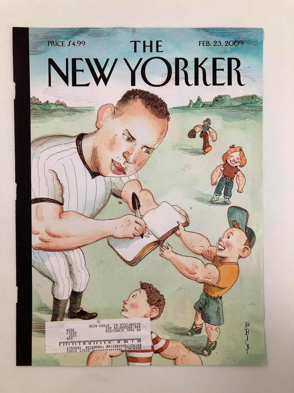 COVER ONLY The New Yorker February 23, 2009, featuring the humorous 'Off Base' artwork by B. Blitt, depicting a cartoonish baseball scene with Alex Rodriguez signing autographs.