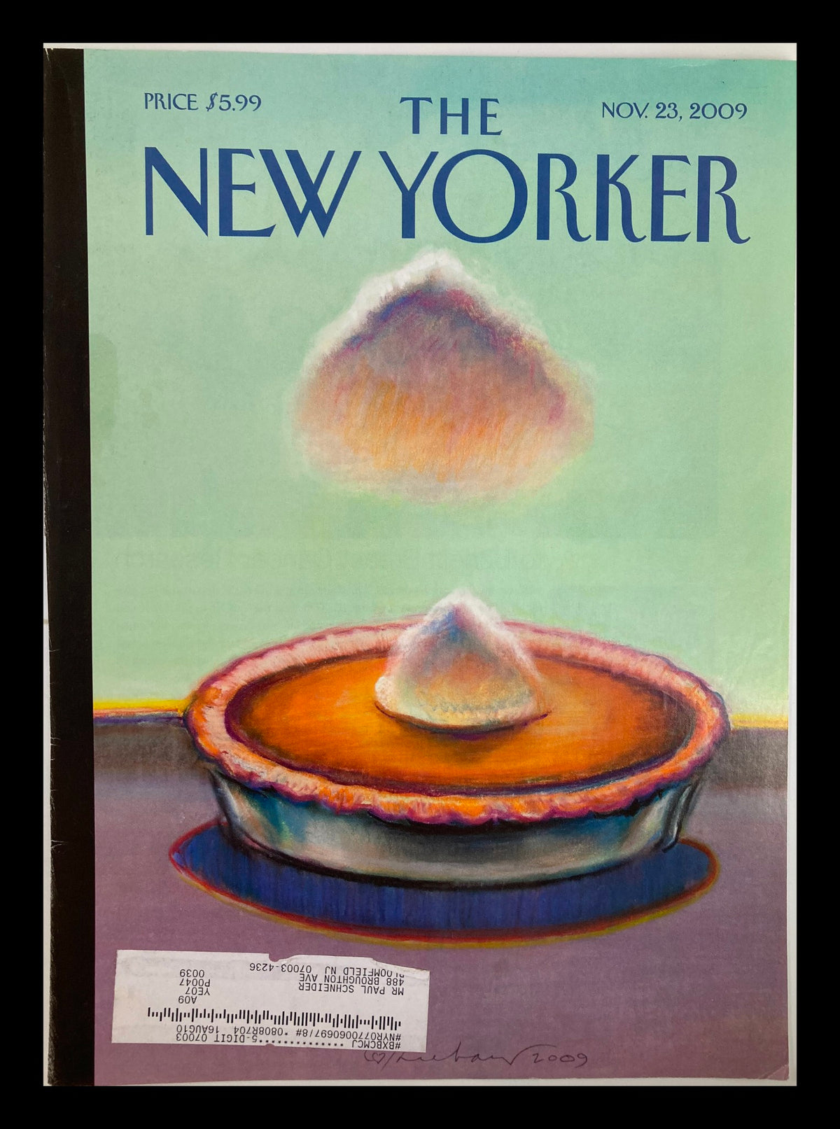 Cover of The New Yorker dated November 23, 2009, featuring the artwork 'Pumpkin Cloud' by Wayne Thiebaud, showcasing a whimsical illustration of a pie with a cloud above it.