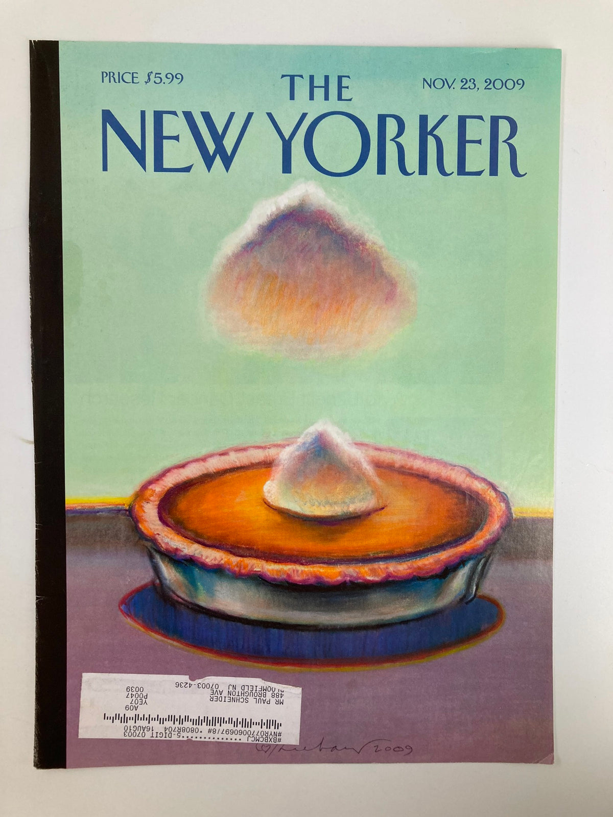 The New Yorker magazine cover from November 23, 2009, displaying 'Pumpkin Cloud' by Wayne Thiebaud, featuring colorful artwork of a pie and a cloud, highlighting autumn vibes.