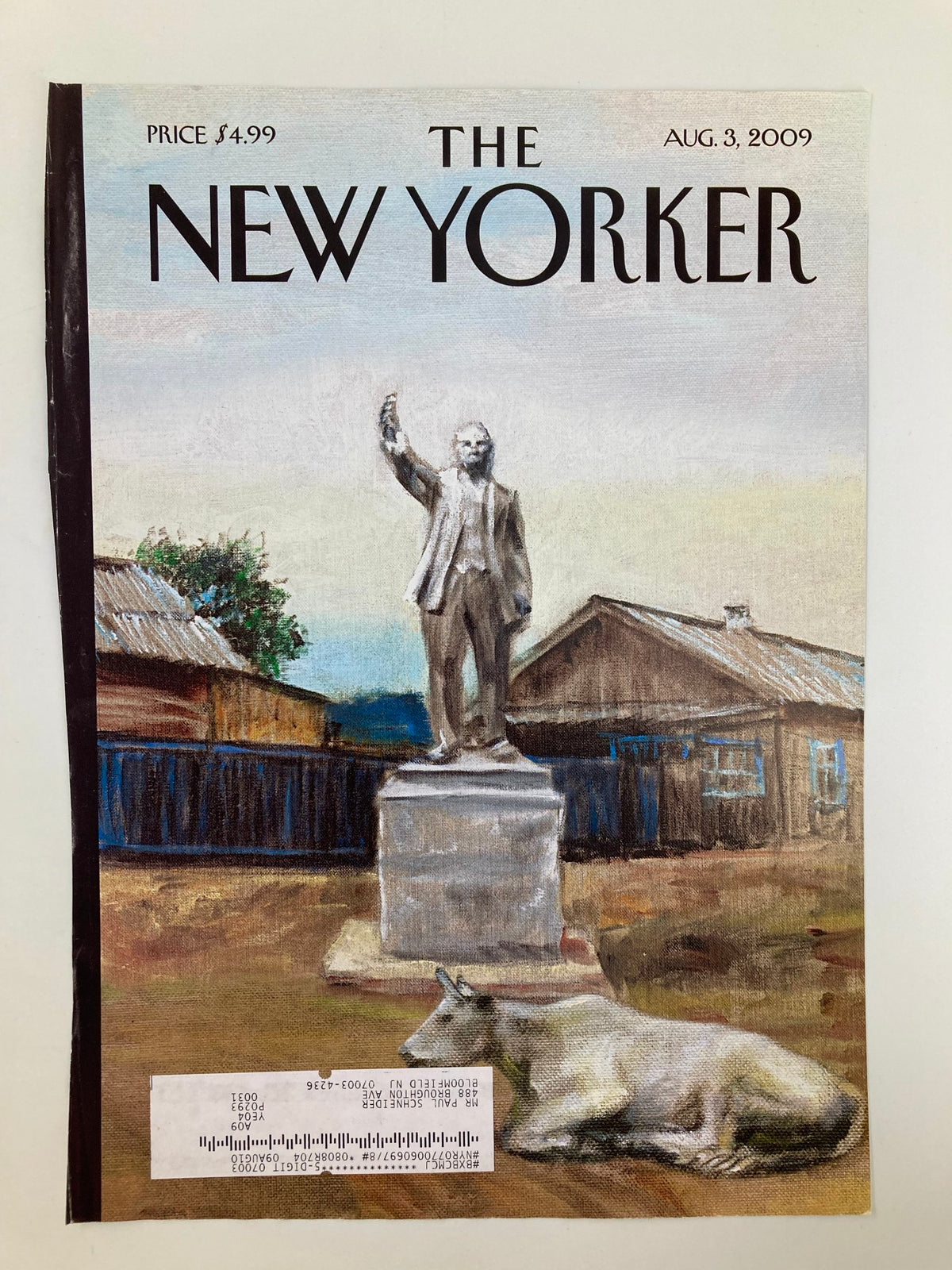 The New Yorker August 3 2009 cover showing the artwork 'Siberia' by Alex Melamid, illustrating a monument scene with a statue and nearby structures.