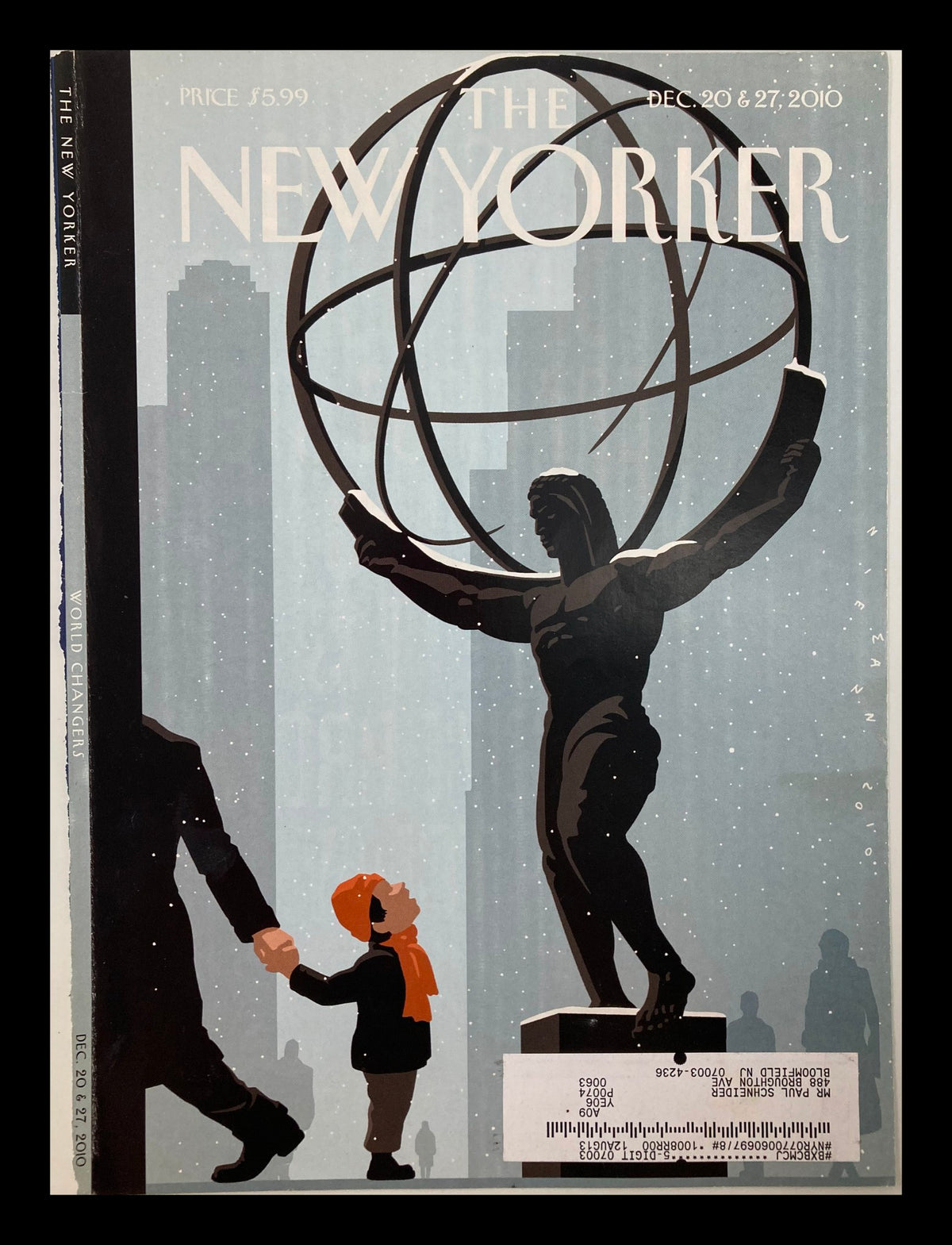 Cover of The New Yorker magazine from December 20 & 27, 2010, titled 'Admiring Statue' by C. Niemann featuring a whimsical illustration of a child holding hands with a statue against a city backdrop.