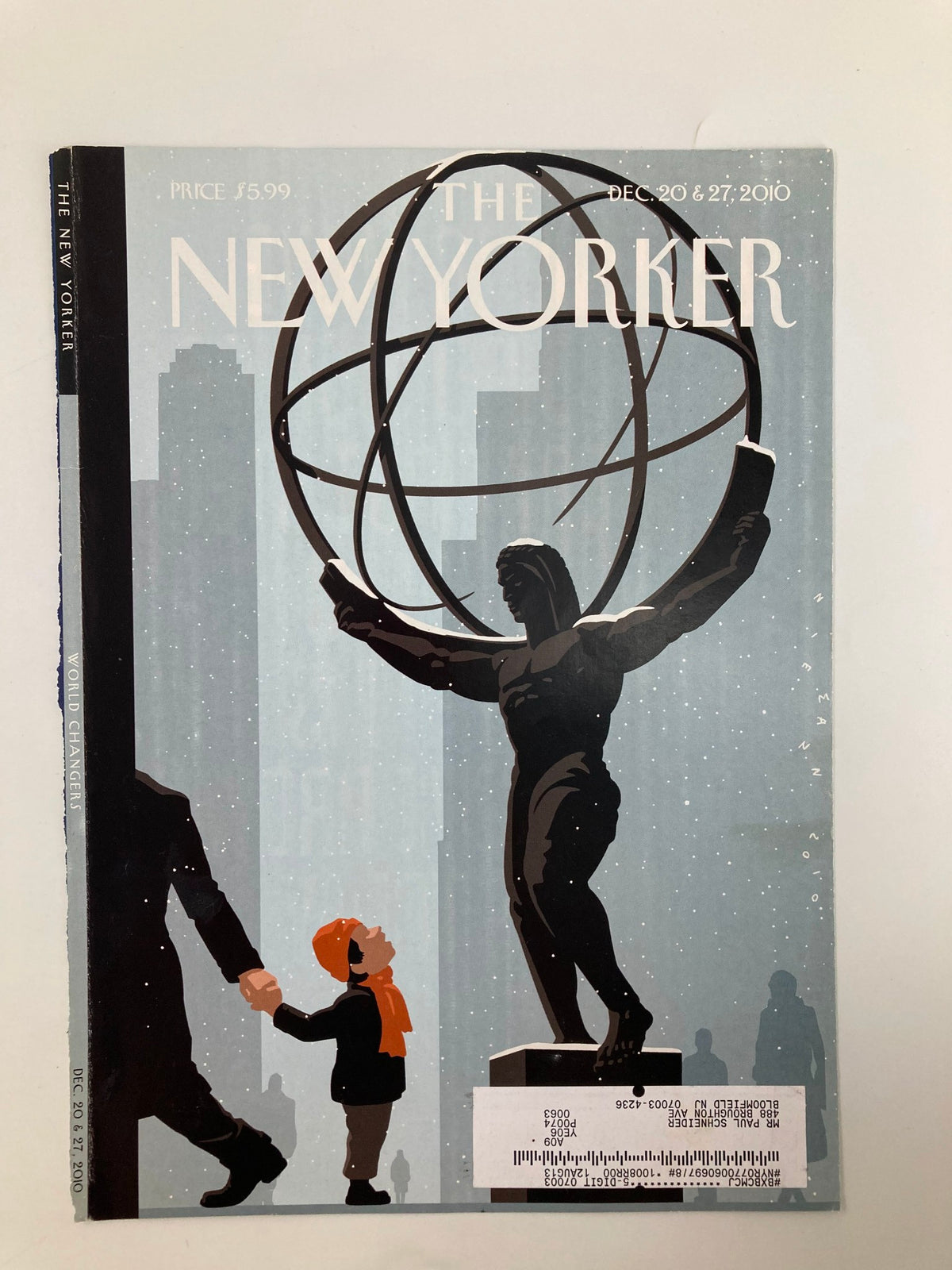 Cover of The New Yorker December 20 & 27, 2010 featuring the illustration 'Admiring Statue' by C. Niemann, depicting a person holding a child's hand in front of a statue.
