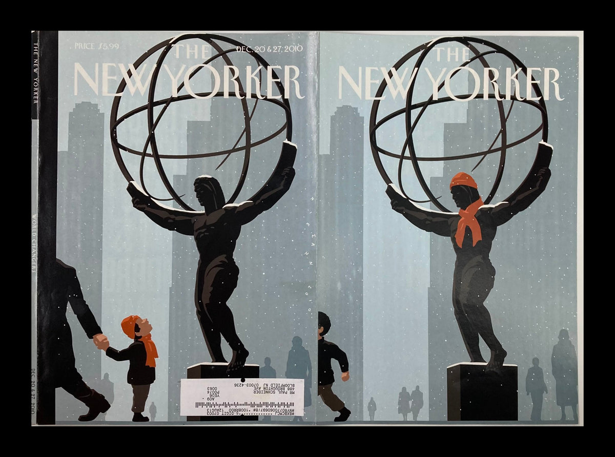 Cover of The New Yorker magazine from December 20 & 27, 2010, titled 'Admiring Statue' by C. Niemann, showcasing two perspectives of a whimsical statue with a child, set against a snowy city skyline.
