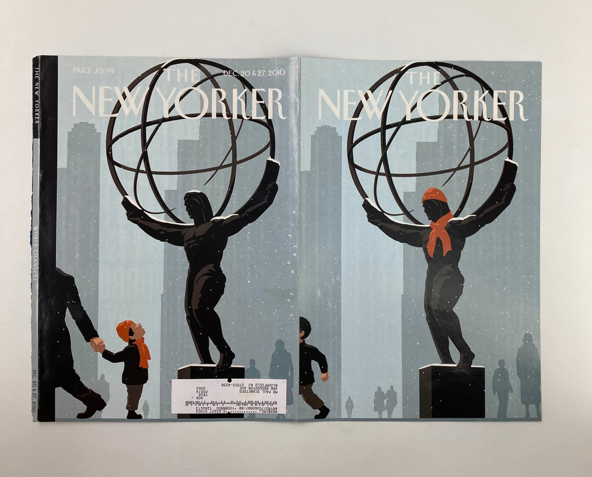 Double cover of The New Yorker December 20 & 27, 2010 displaying the artwork 'Admiring Statue' by C. Niemann, showcasing a statue and a child walking in a city setting.