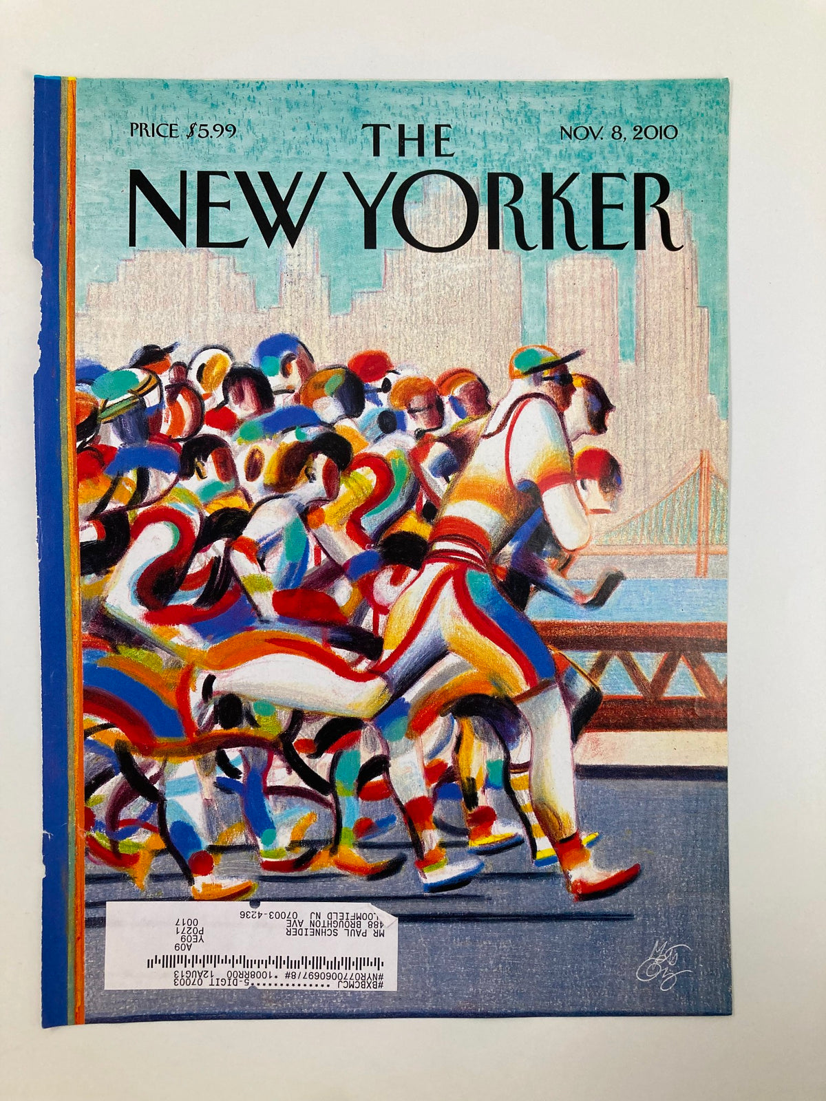 The New Yorker Cover November 8 2010 titled 'Rite of Fall' by Lorenzo Mattotti, depicting an energetic scene of colorful individuals in motion against an urban backdrop, capturing the essence of fall.