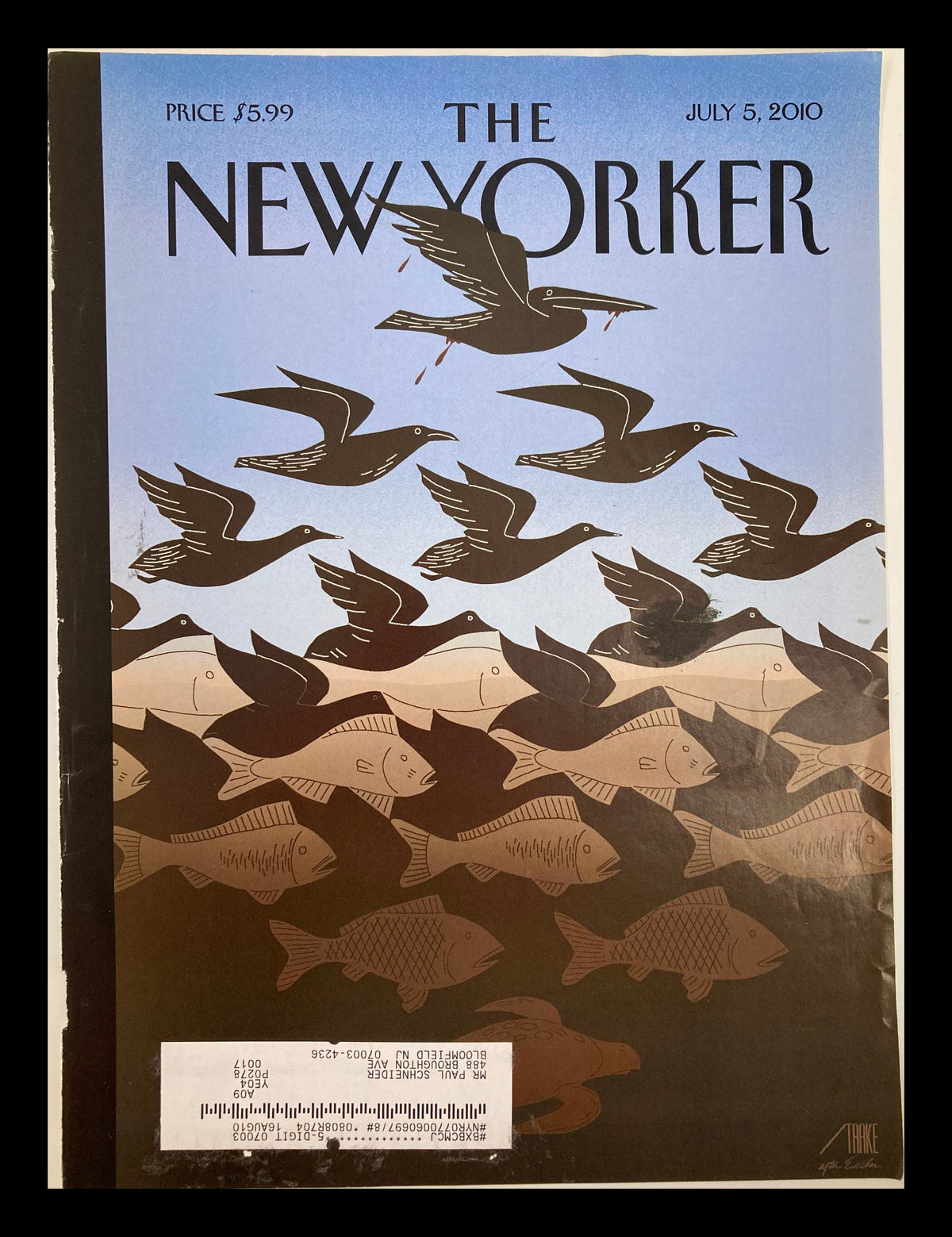Cover of The New Yorker July 5, 2010, featuring 'Black Birds Oil Catastrophic' by Bob Staake, depicting black birds flying over a backdrop of fish in a striking illustration.