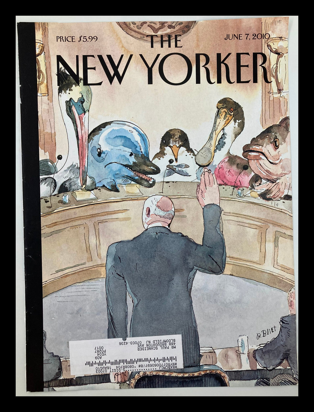 Cover of The New Yorker June 7 2010 featuring satirical artwork titled 'Five Weeks Later' by Barry Blitt, depicting a man at a podium surrounded by various animals.