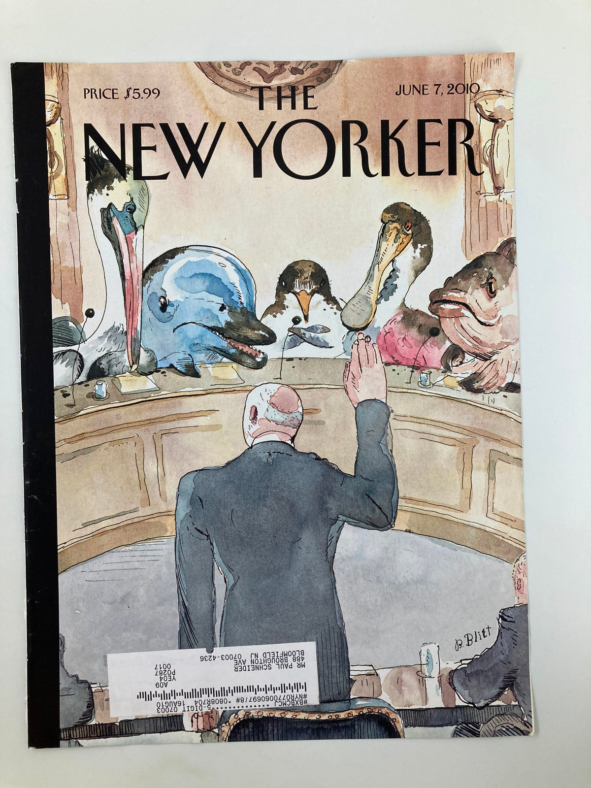 Close-up of The New Yorker June 7 2010 cover showcasing the artwork 'Five Weeks Later' by Barry Blitt, highlighting a man's interaction with illustrated animals.