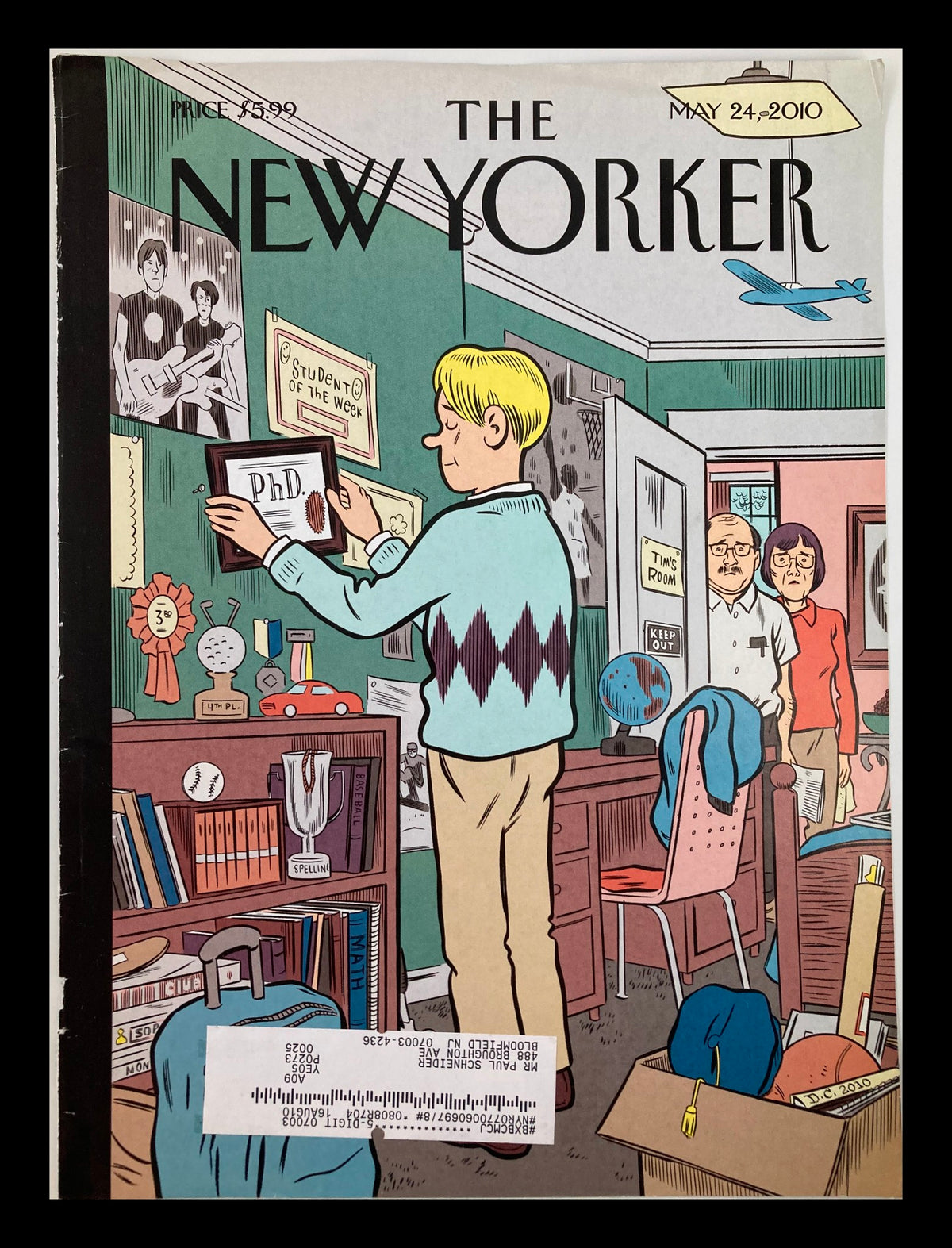 Cover of The New Yorker dated May 24, 2010, featuring 'Boomerang Generation' artwork by Daniel Clowes, depicting a young man in academic attire, showcasing a sense of nostalgia and humor.