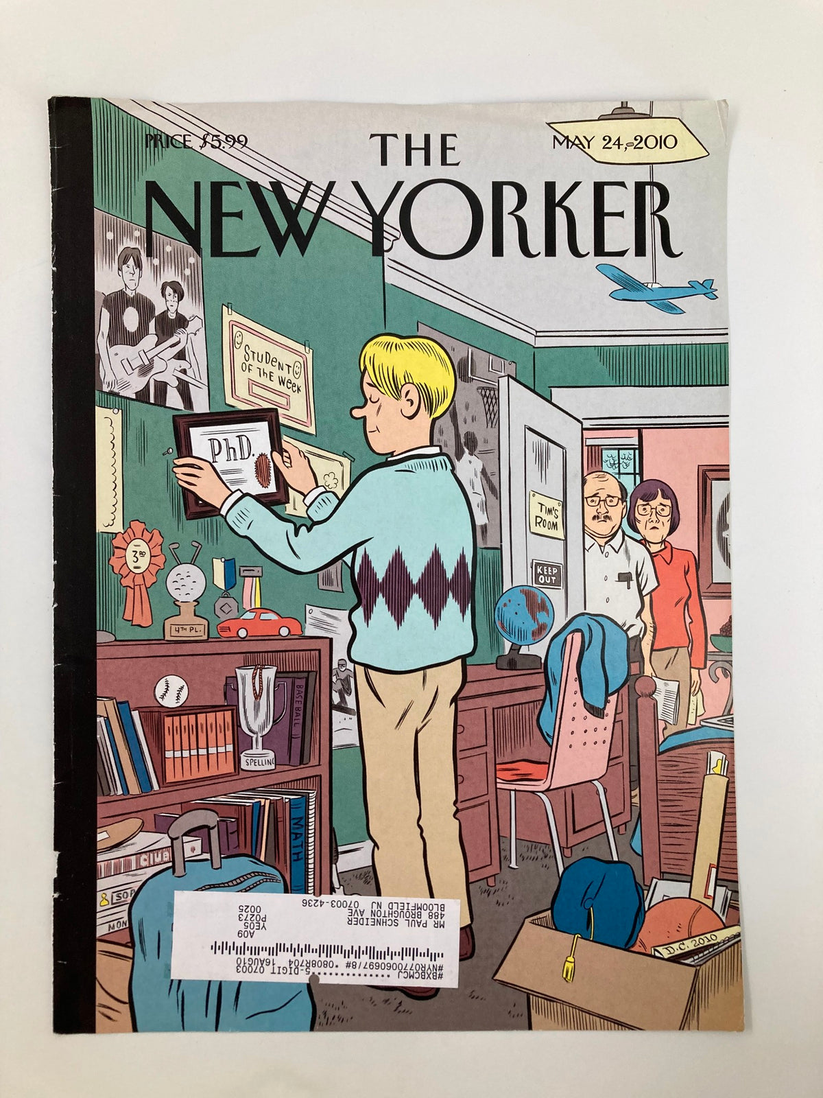 The New Yorker cover from May 24, 2010, highlighting 'Boomerang Generation' by Daniel Clowes, illustrating a young male character in a cluttered room, symbolizing contemporary societal themes.